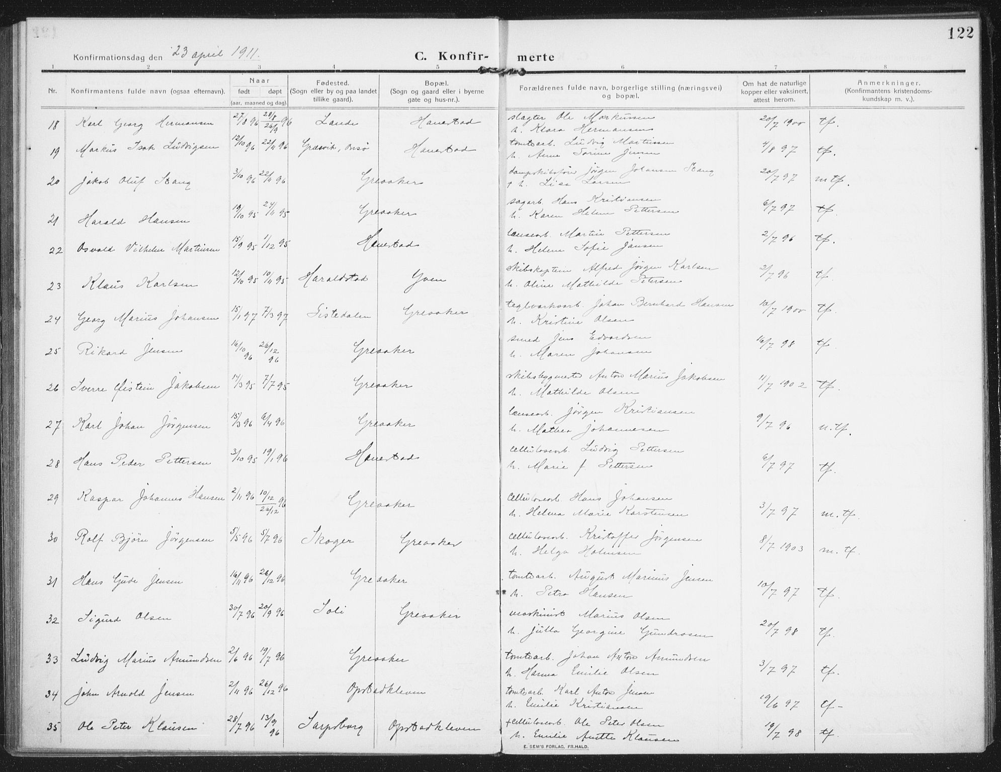 Rolvsøy prestekontor Kirkebøker, AV/SAO-A-2004/F/Fa/L0002: Parish register (official) no. 2, 1909-1917, p. 122