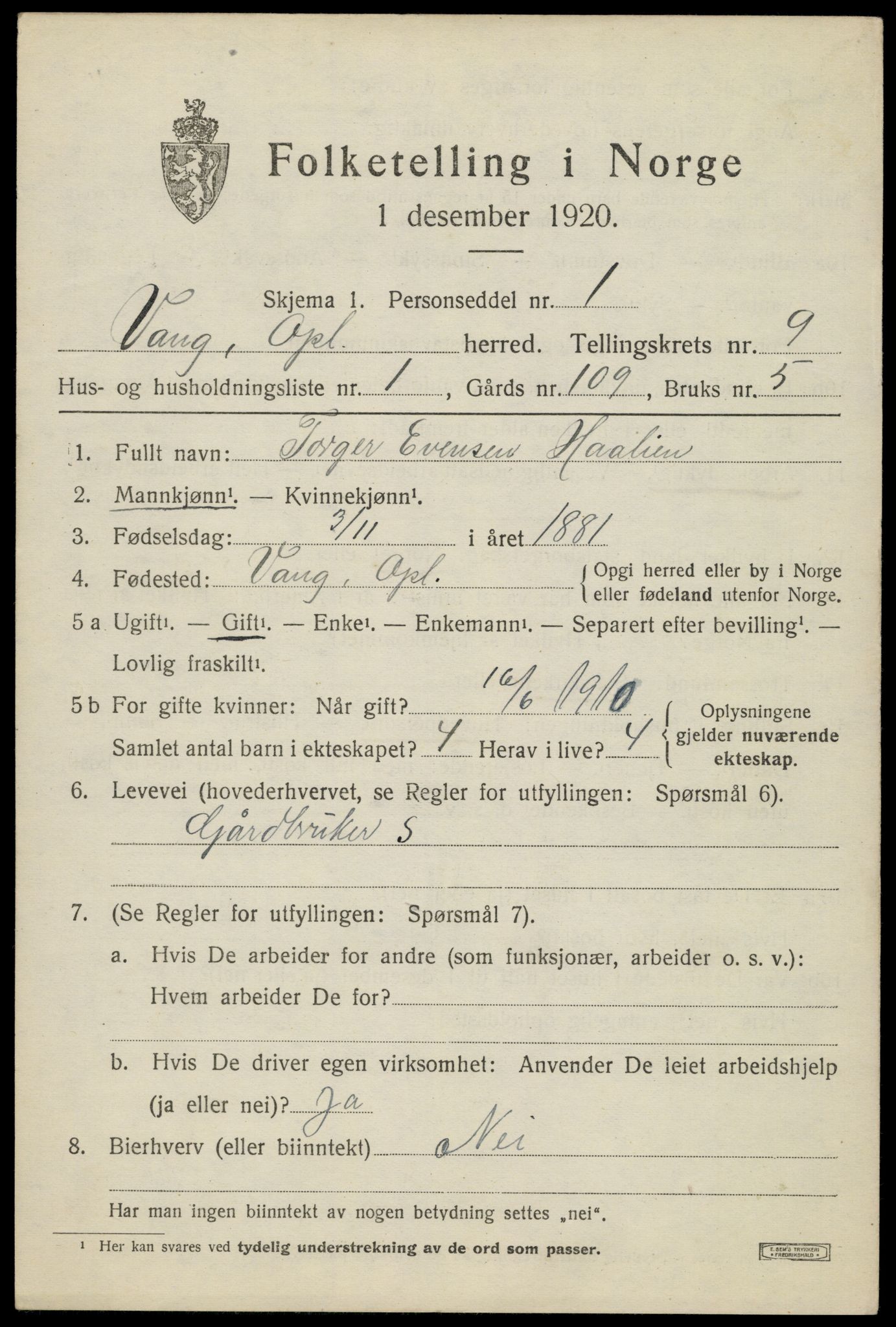 SAH, 1920 census for Vang (Oppland), 1920, p. 3857