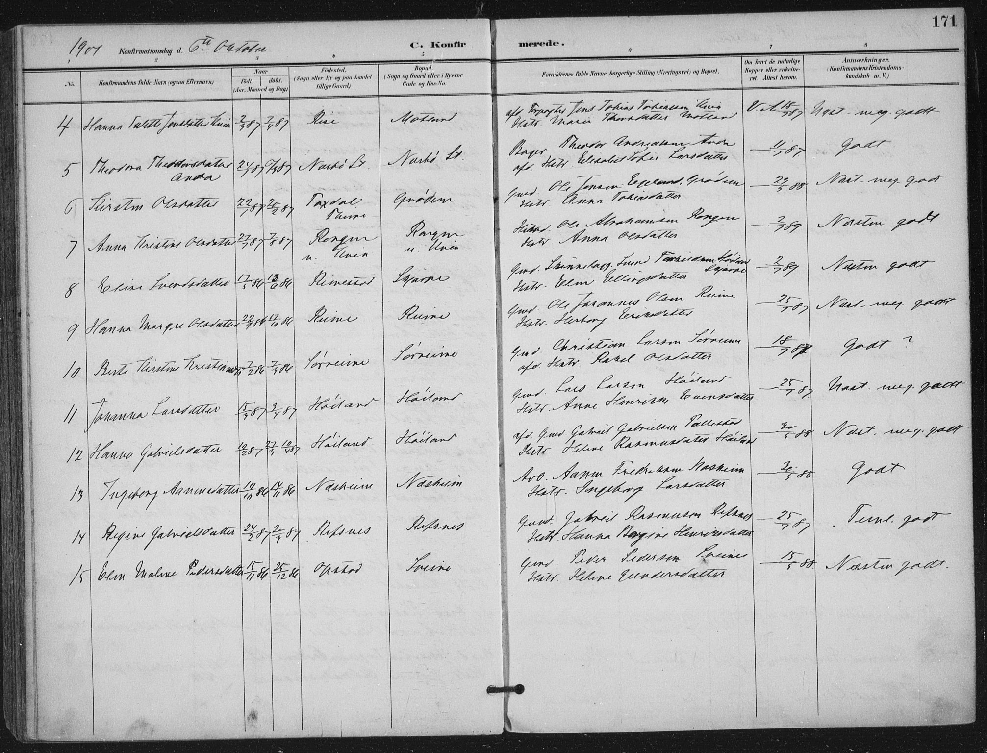 Hå sokneprestkontor, AV/SAST-A-101801/002/B/L0001: Parish register (official) no. A 11, 1897-1924, p. 171