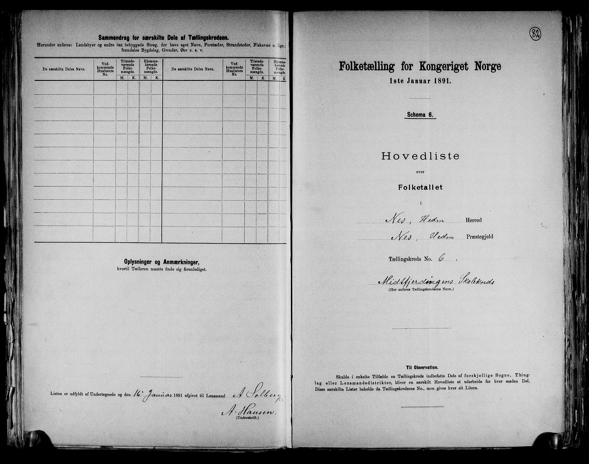 RA, 1891 census for 0411 Nes, 1891, p. 20
