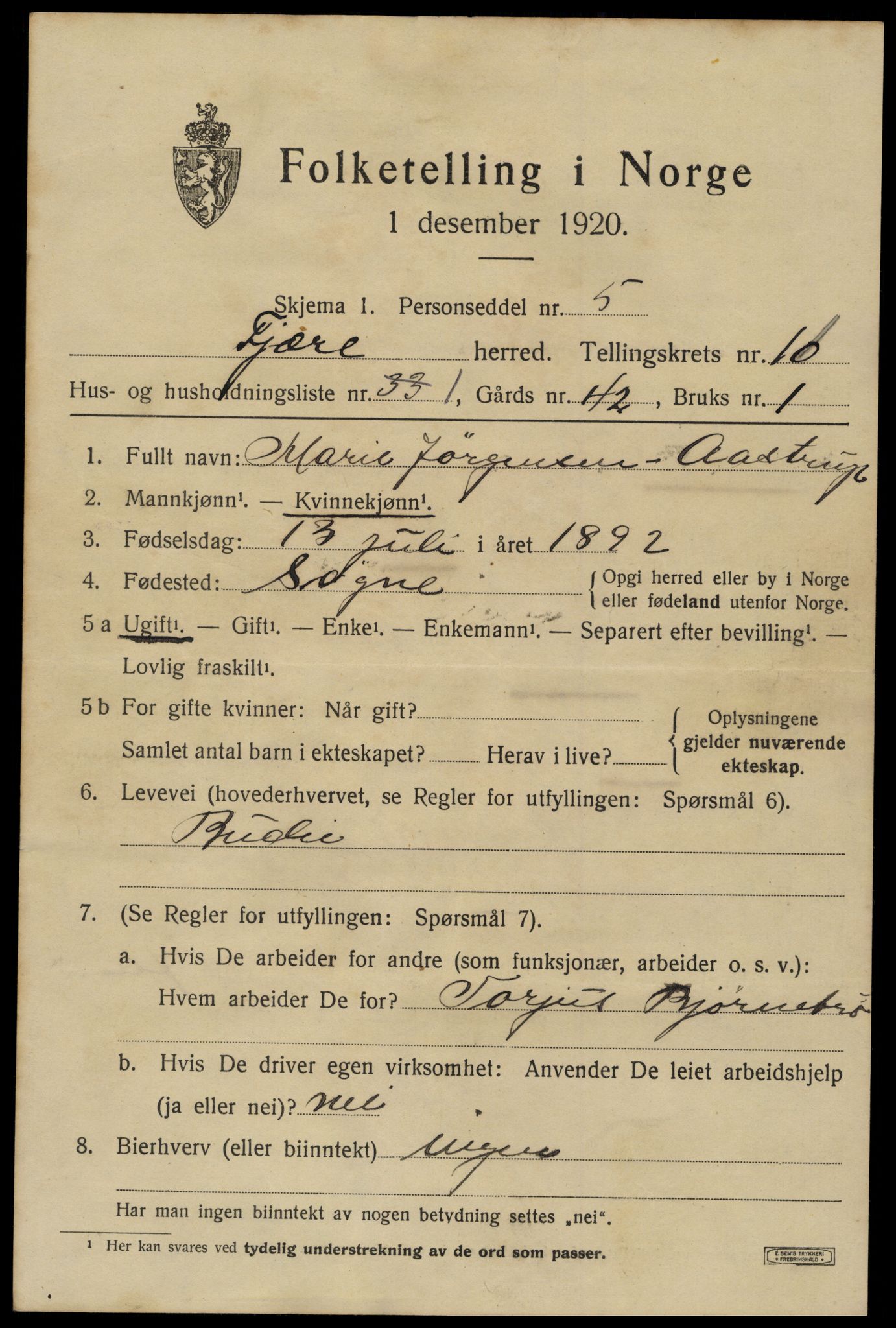 SAK, 1920 census for Fjære, 1920, p. 11735