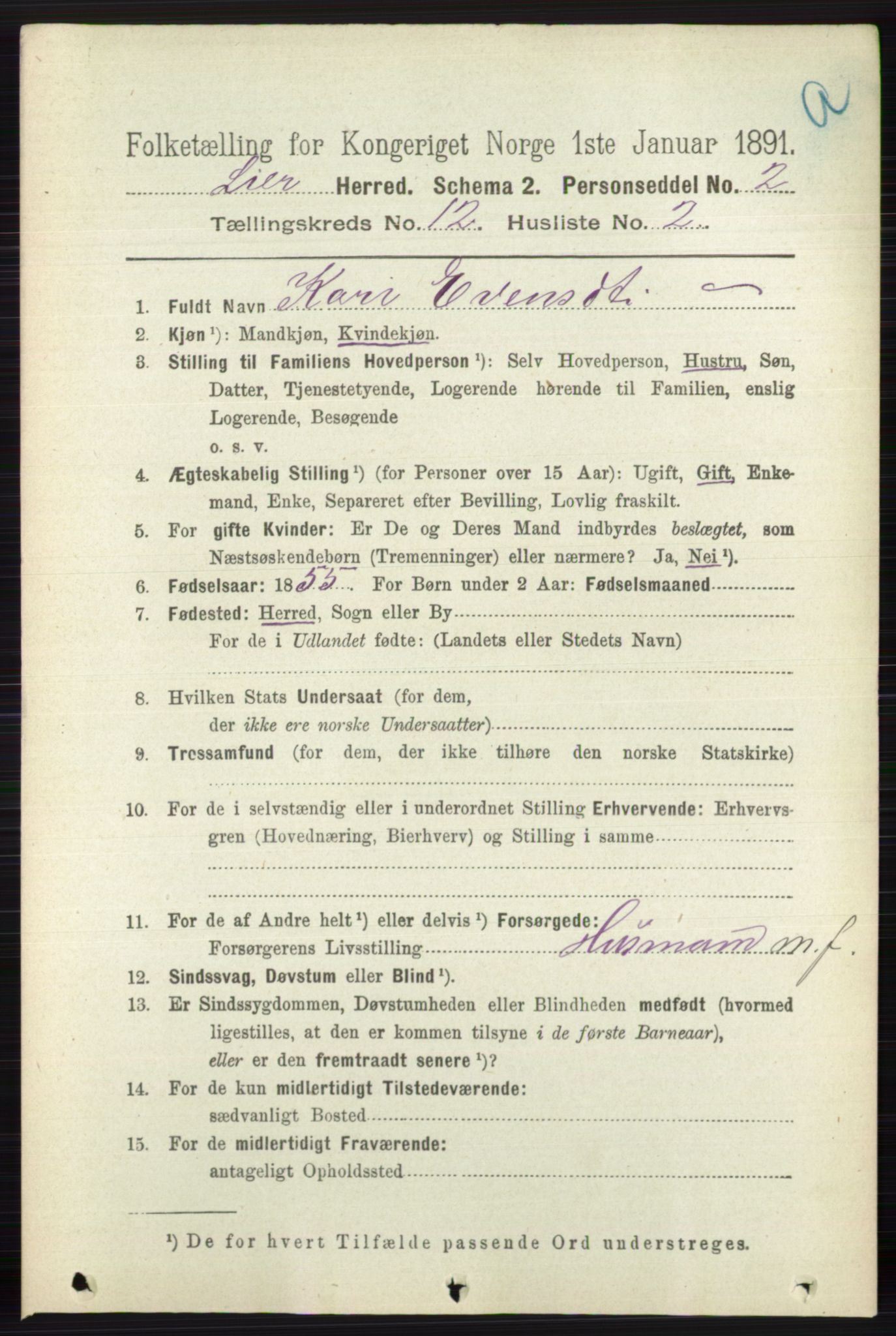 RA, 1891 census for 0626 Lier, 1891, p. 7374