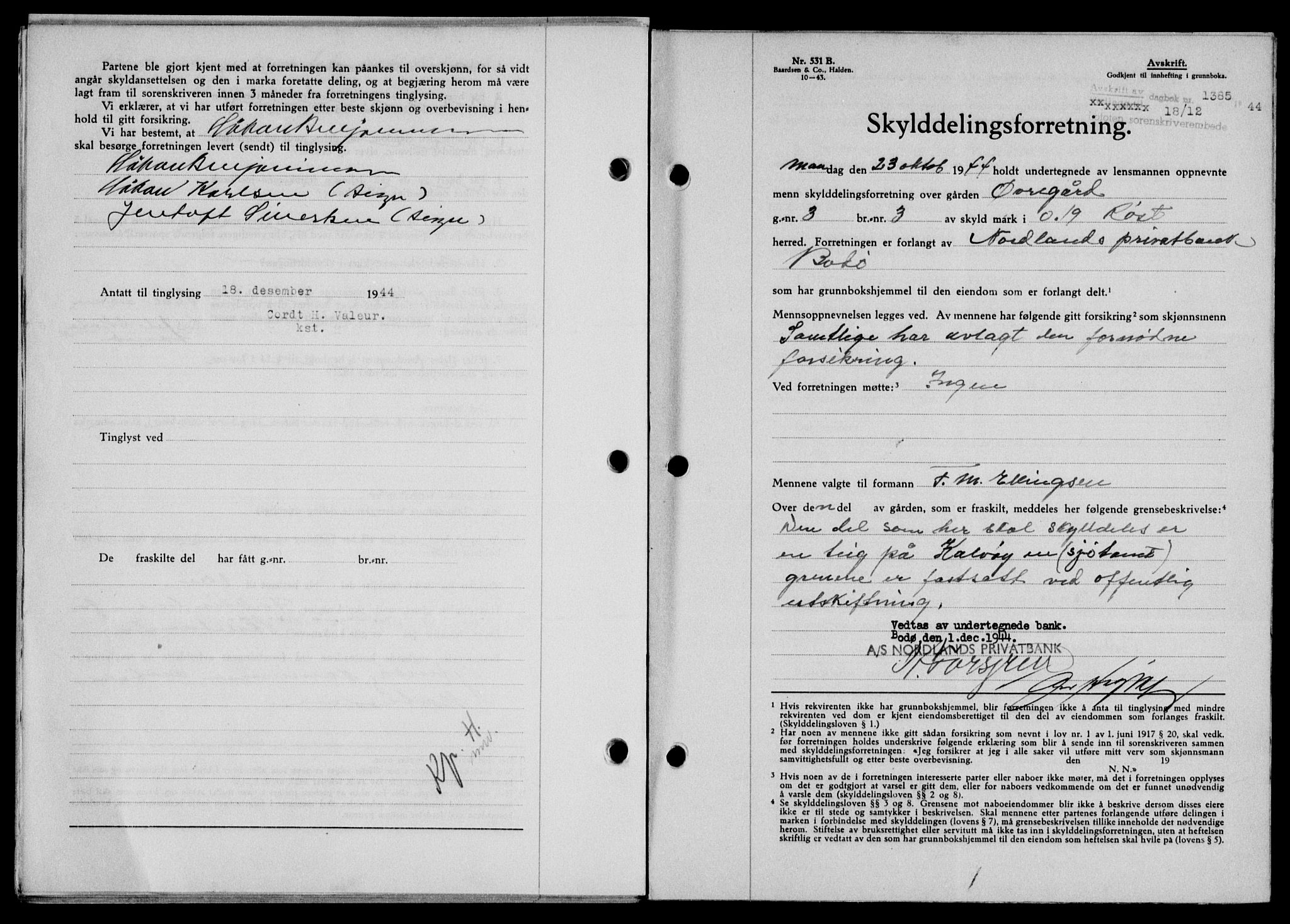 Lofoten sorenskriveri, SAT/A-0017/1/2/2C/L0013a: Mortgage book no. 13a, 1944-1946, Diary no: : 1385/1944