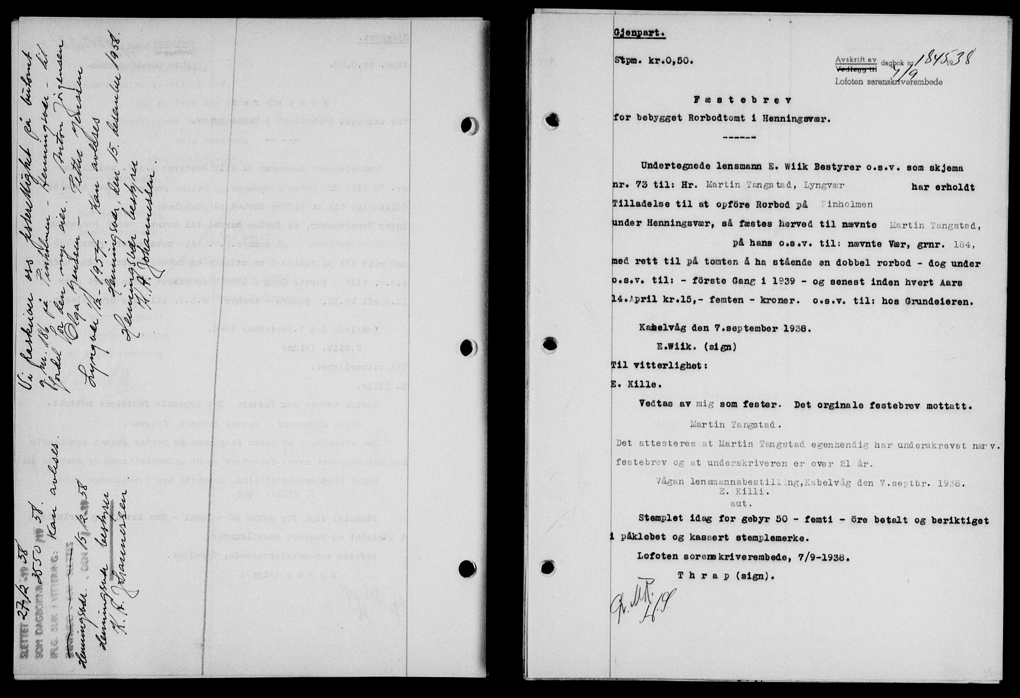 Lofoten sorenskriveri, SAT/A-0017/1/2/2C/L0004a: Mortgage book no. 4a, 1938-1938, Diary no: : 1845/1938
