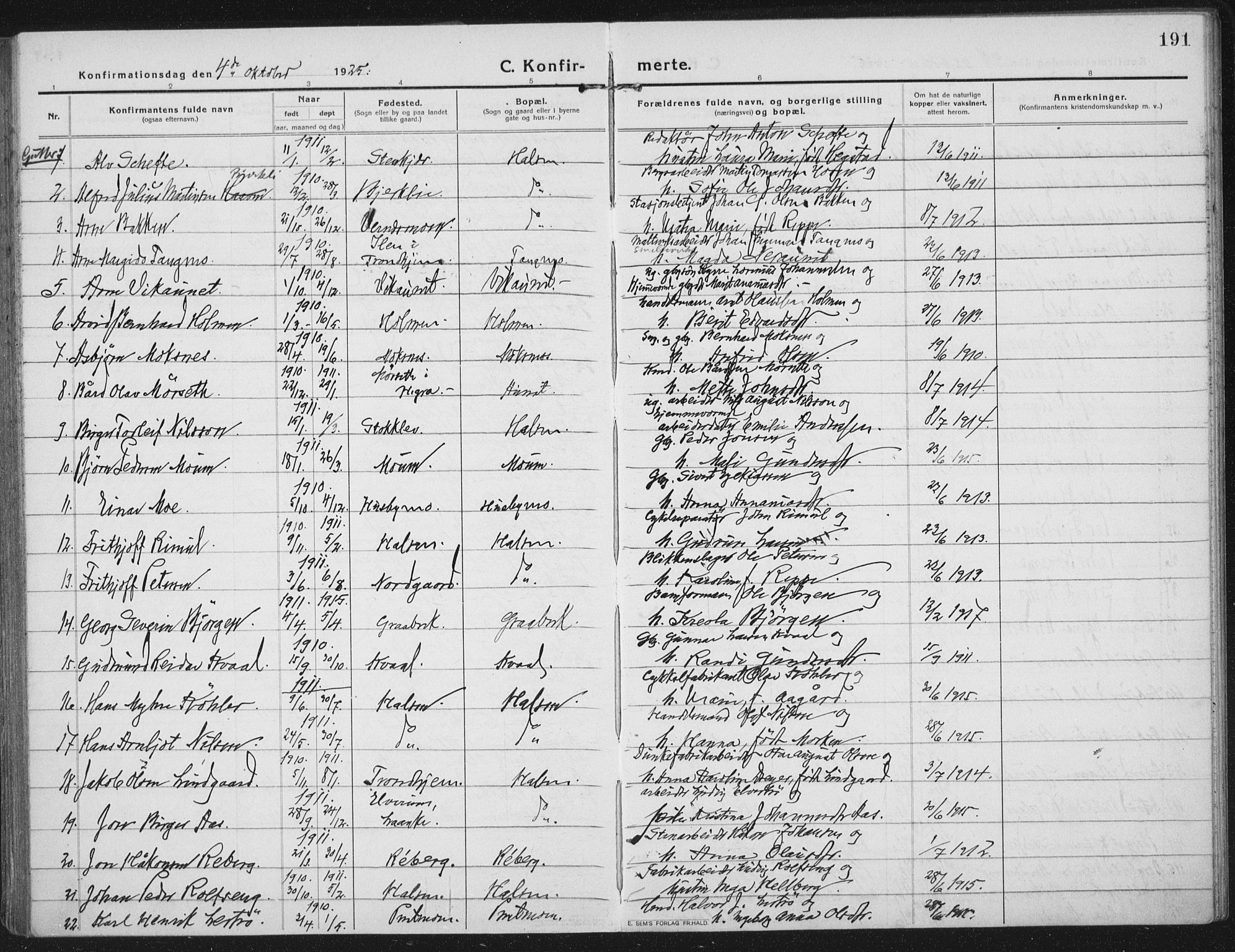 Ministerialprotokoller, klokkerbøker og fødselsregistre - Nord-Trøndelag, SAT/A-1458/709/L0083: Parish register (official) no. 709A23, 1916-1928, p. 191