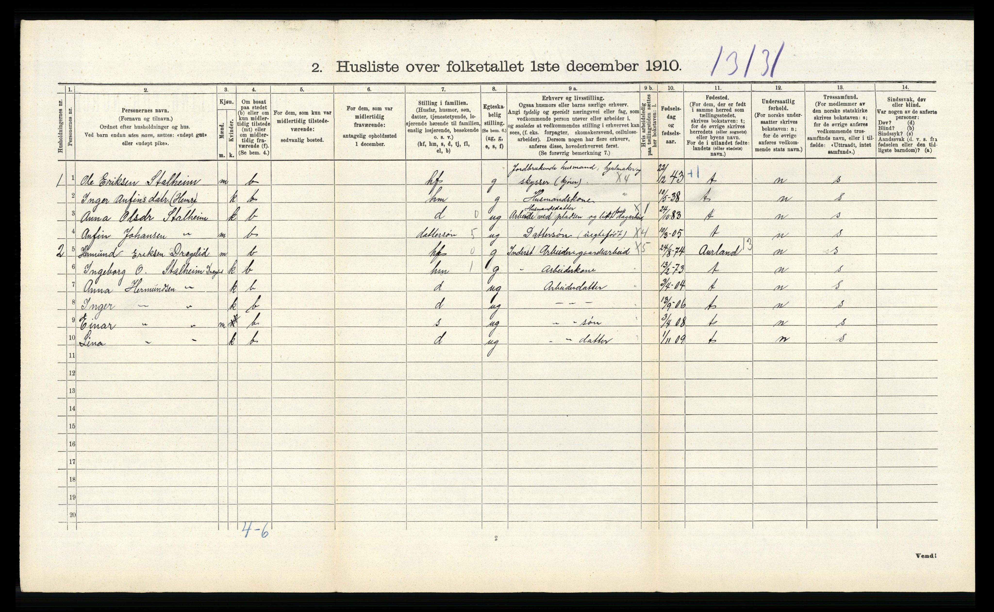 RA, 1910 census for Vossestrand, 1910, p. 634