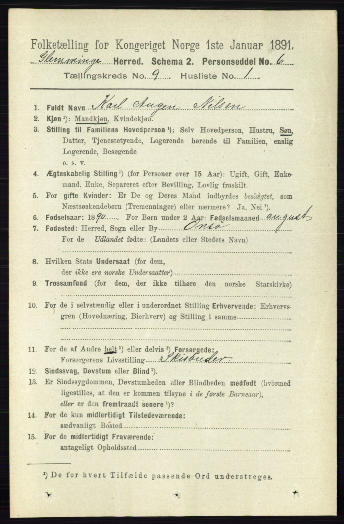 RA, 1891 census for 0132 Glemmen, 1891, p. 9588