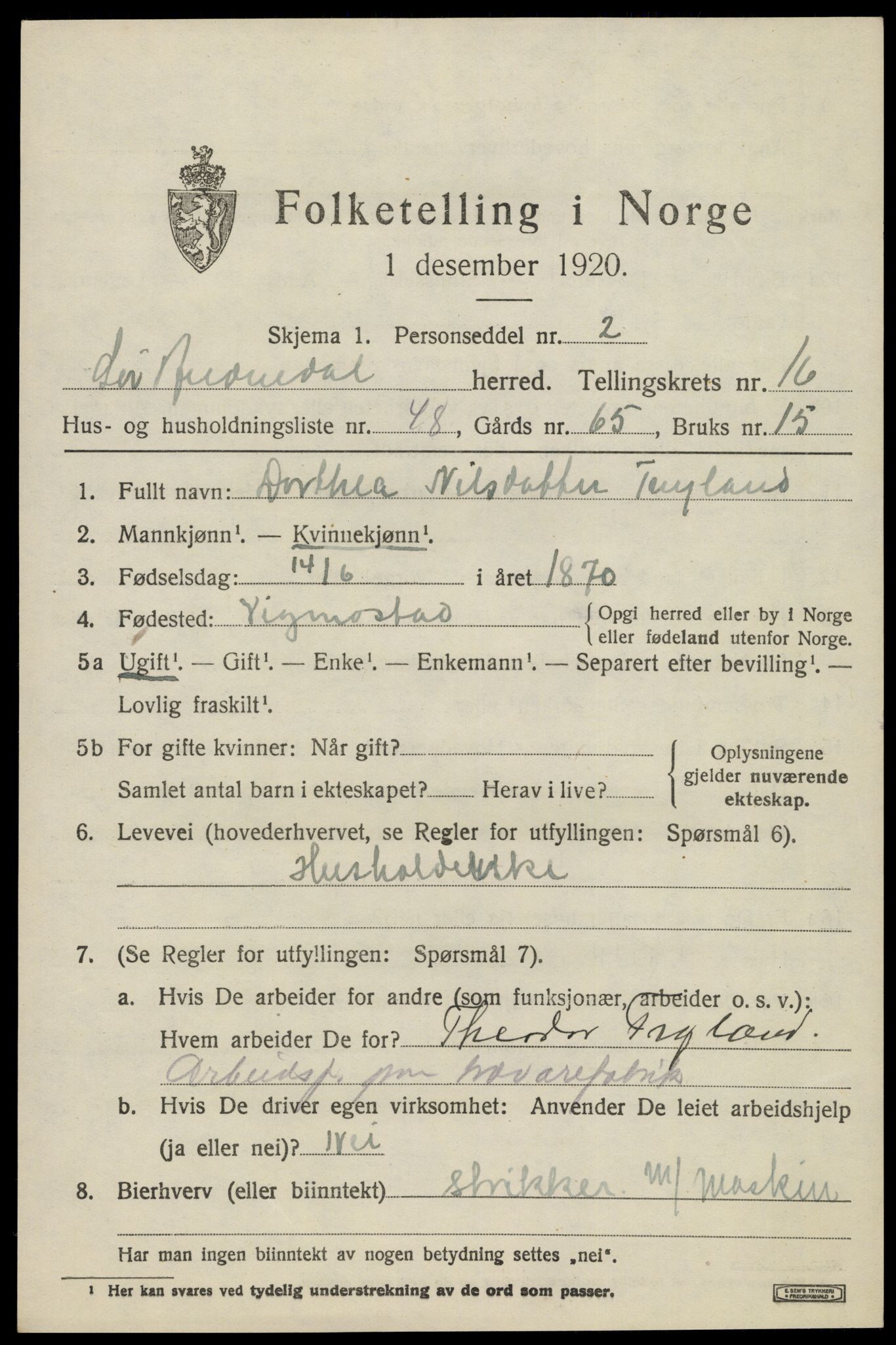 SAK, 1920 census for Sør-Audnedal, 1920, p. 6297