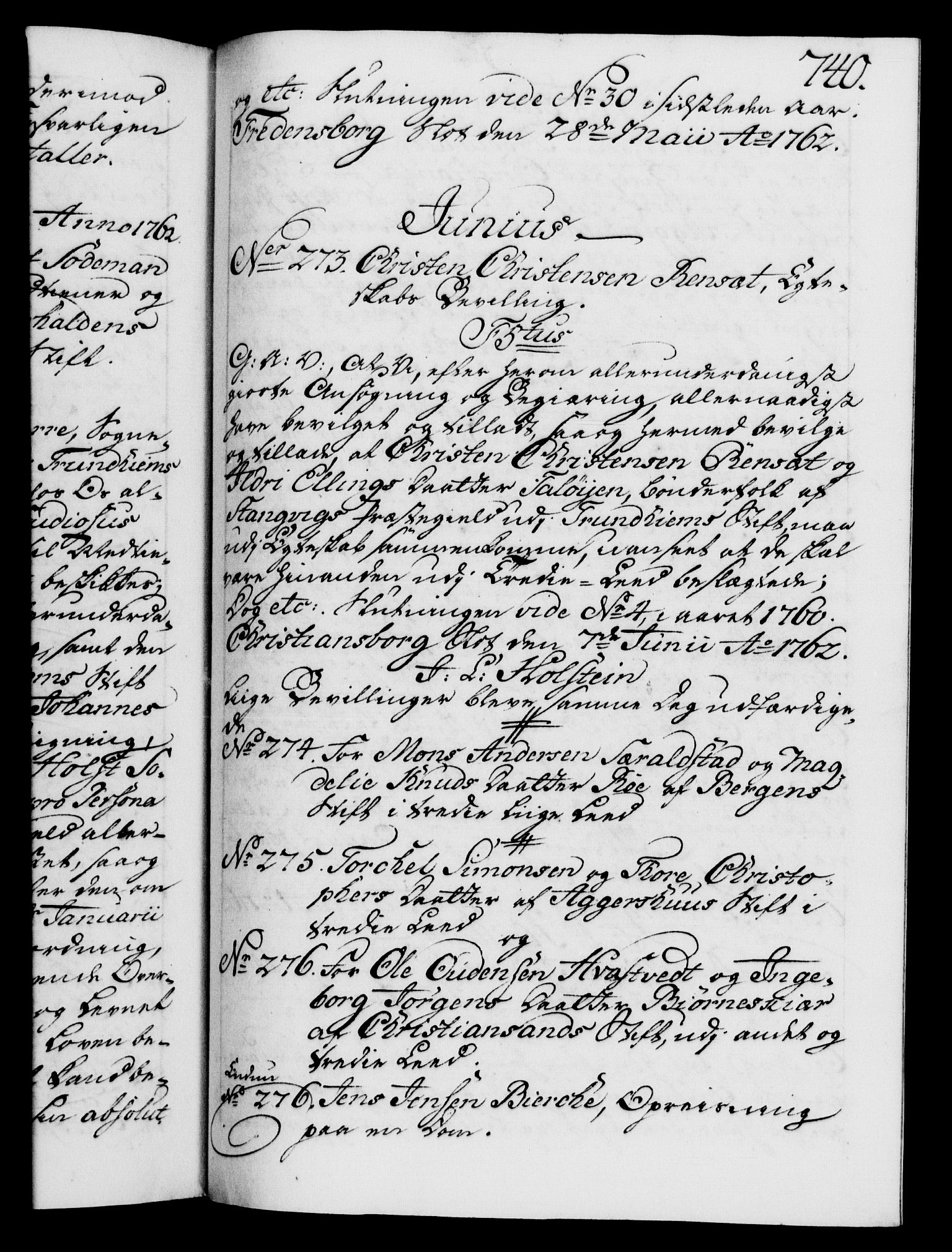 Danske Kanselli 1572-1799, AV/RA-EA-3023/F/Fc/Fca/Fcaa/L0041: Norske registre, 1760-1762, p. 740a