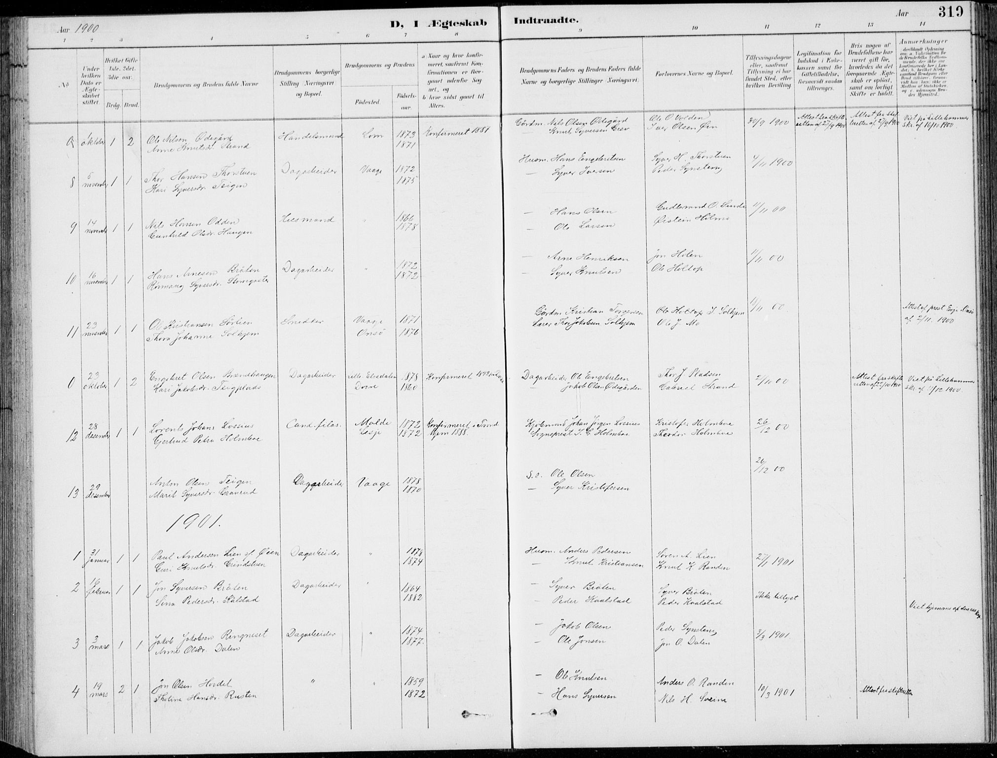 Vågå prestekontor, SAH/PREST-076/H/Ha/Hab/L0002: Parish register (copy) no. 2, 1894-1939, p. 319
