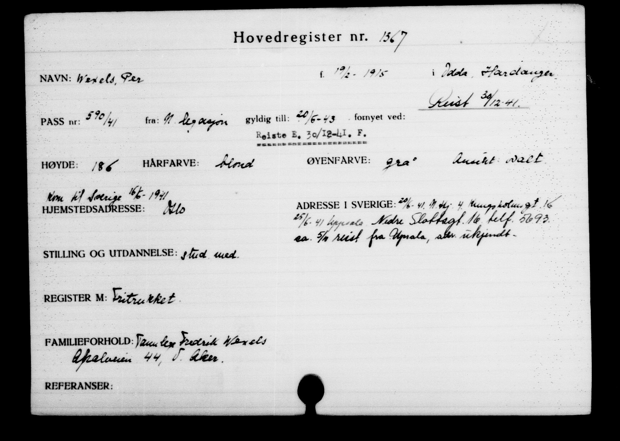 Den Kgl. Norske Legasjons Flyktningskontor, AV/RA-S-6753/V/Va/L0002: Kjesäterkartoteket.  Flyktningenr. 1001-2000, 1940-1945, p. 530