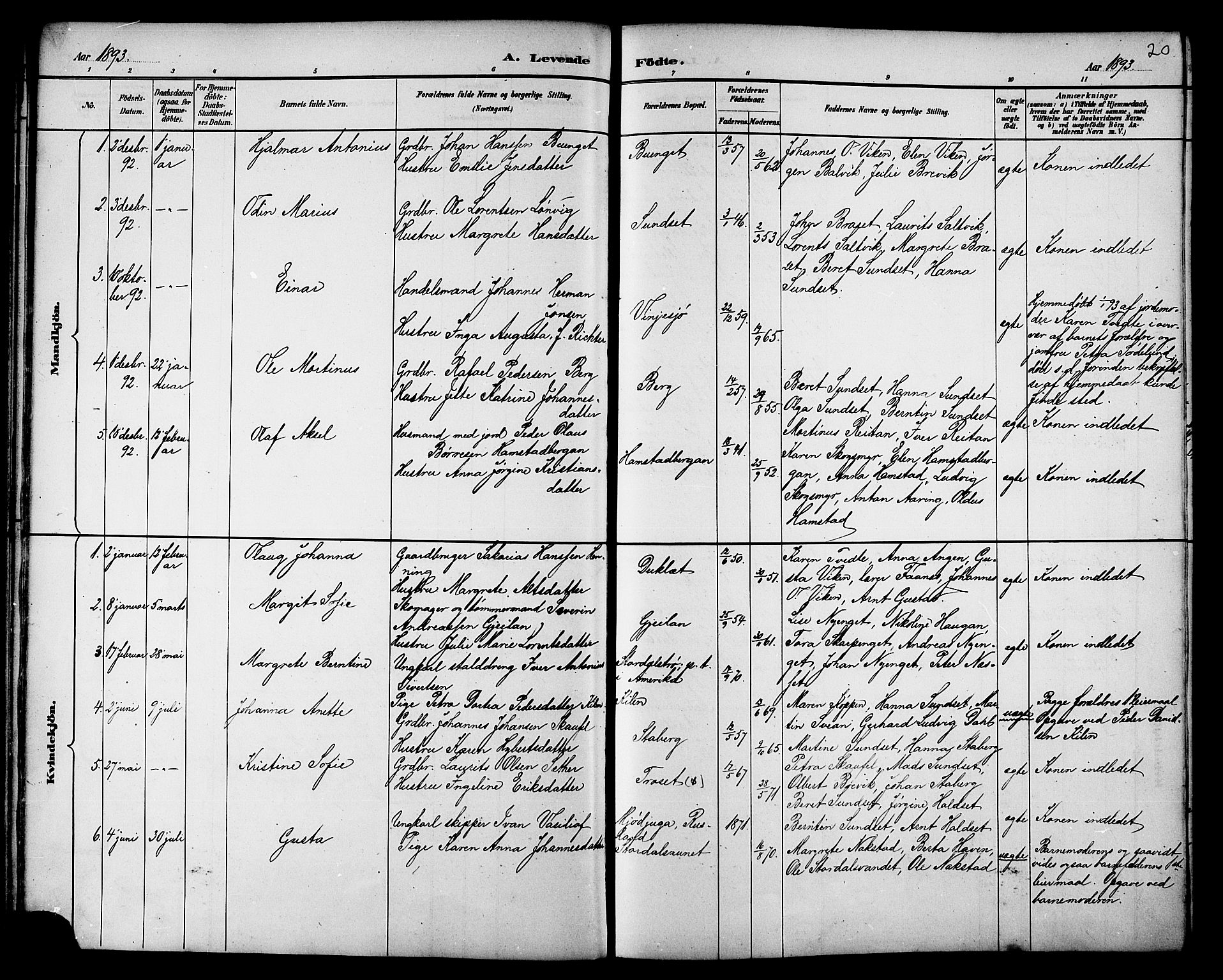 Ministerialprotokoller, klokkerbøker og fødselsregistre - Nord-Trøndelag, AV/SAT-A-1458/733/L0327: Parish register (copy) no. 733C02, 1888-1918, p. 20