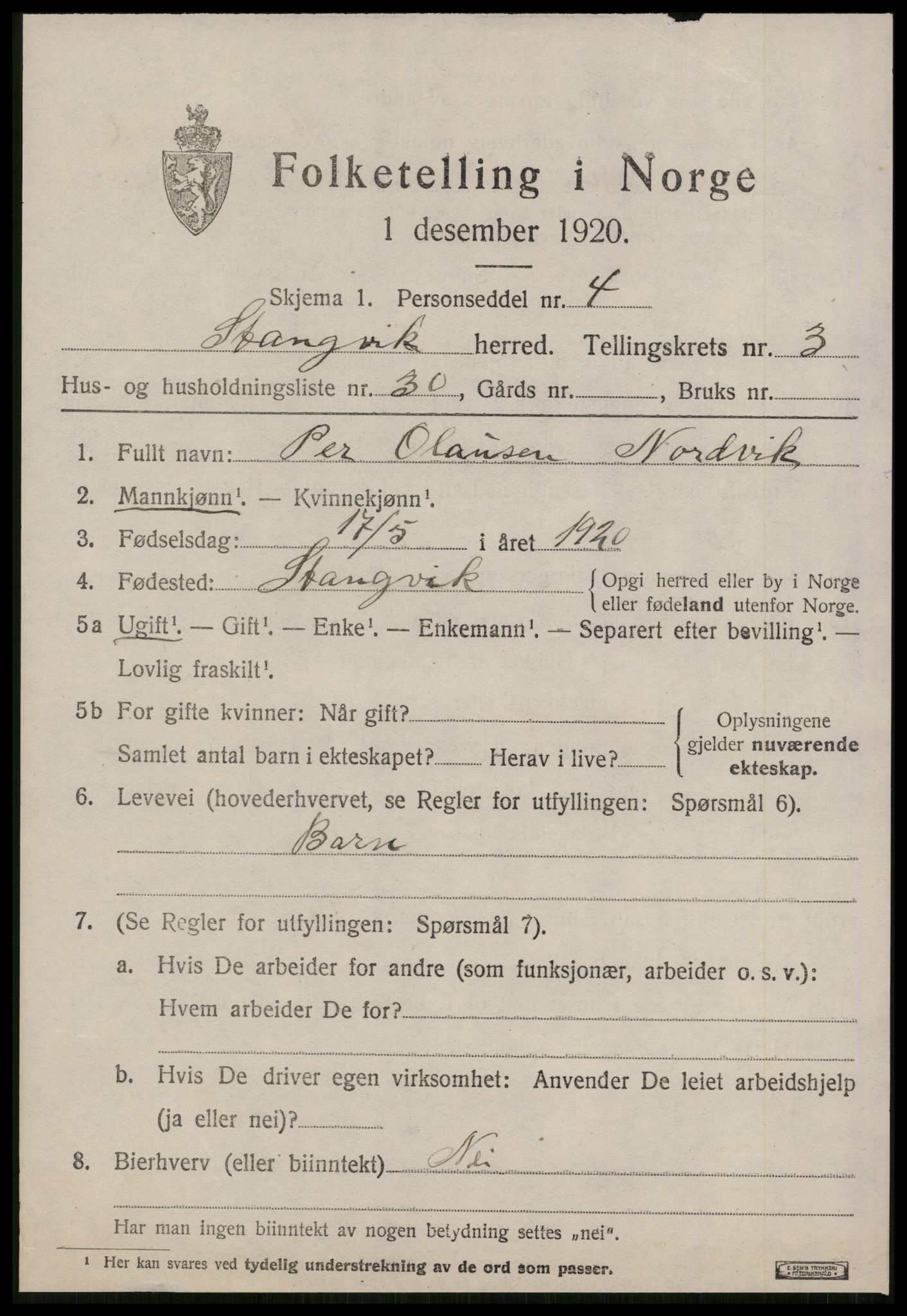 SAT, 1920 census for Stangvik, 1920, p. 2352