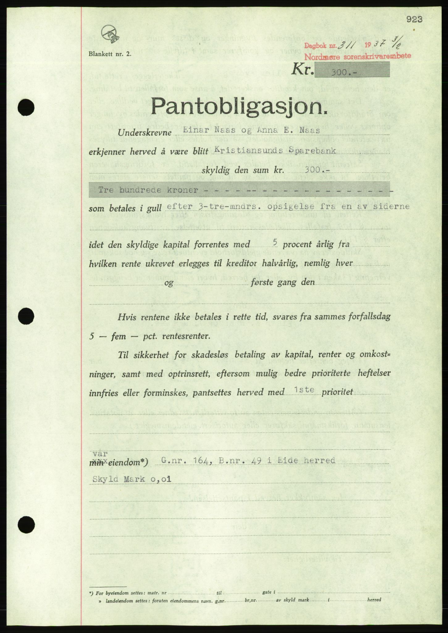 Nordmøre sorenskriveri, AV/SAT-A-4132/1/2/2Ca/L0090: Mortgage book no. B80, 1936-1937, Diary no: : 311/1937