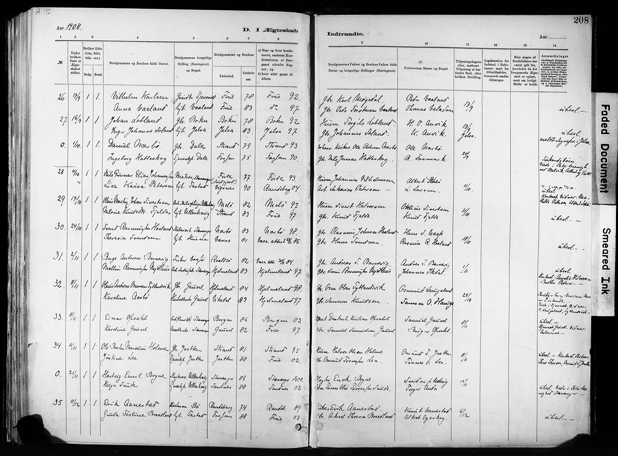 Hetland sokneprestkontor, SAST/A-101826/30/30BA/L0011: Parish register (official) no. A 11, 1884-1911, p. 208