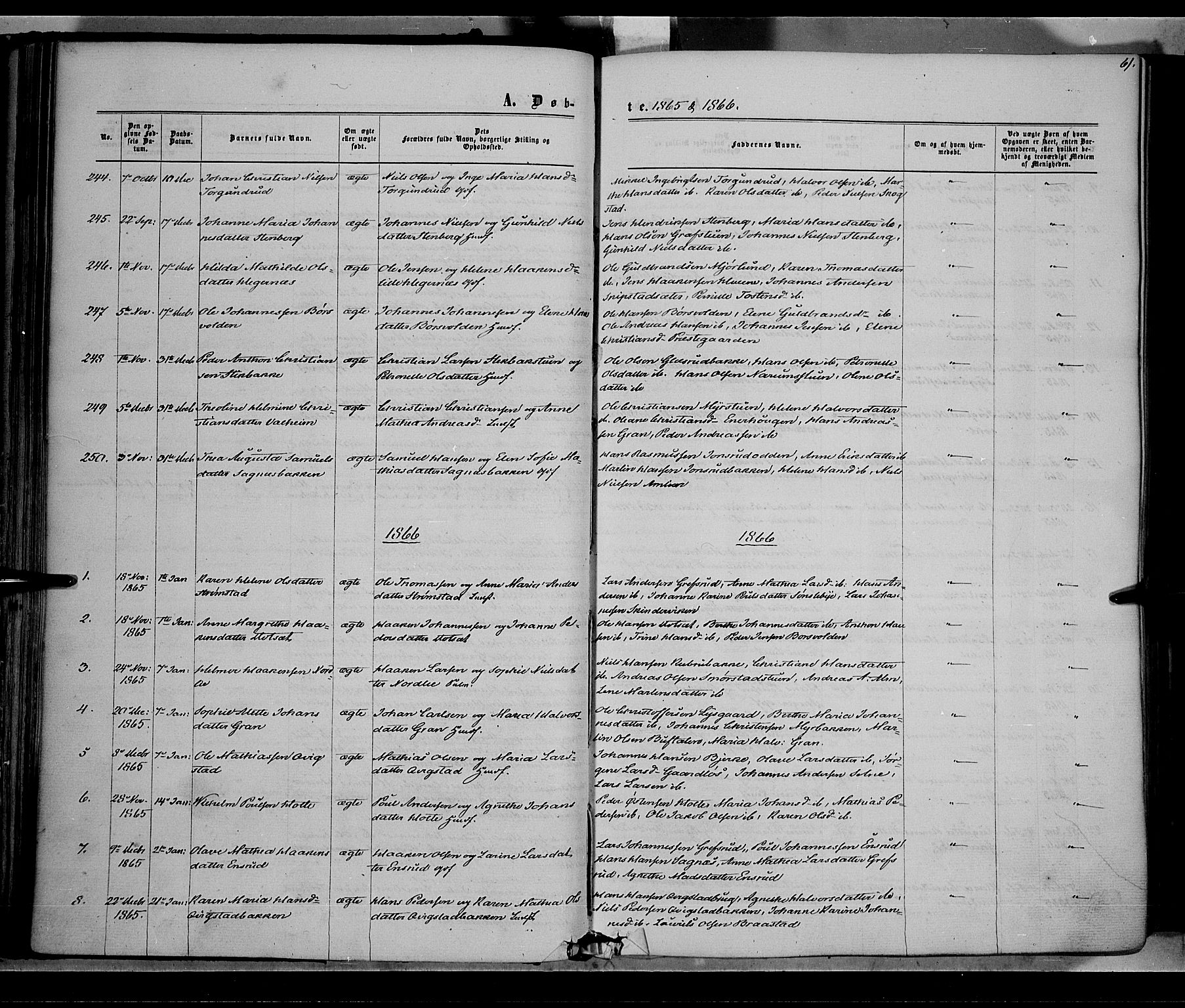 Vestre Toten prestekontor, SAH/PREST-108/H/Ha/Haa/L0007: Parish register (official) no. 7, 1862-1869, p. 61
