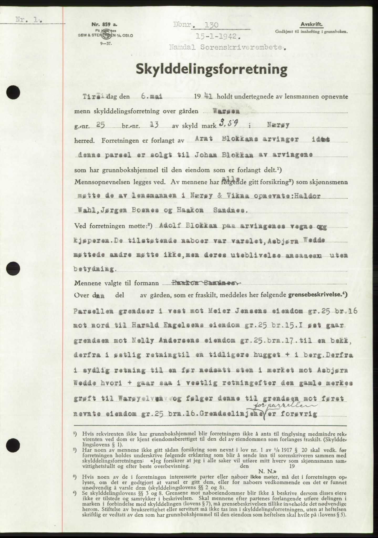 Namdal sorenskriveri, SAT/A-4133/1/2/2C: Mortgage book no. -, 1941-1942, Diary no: : 130/1942