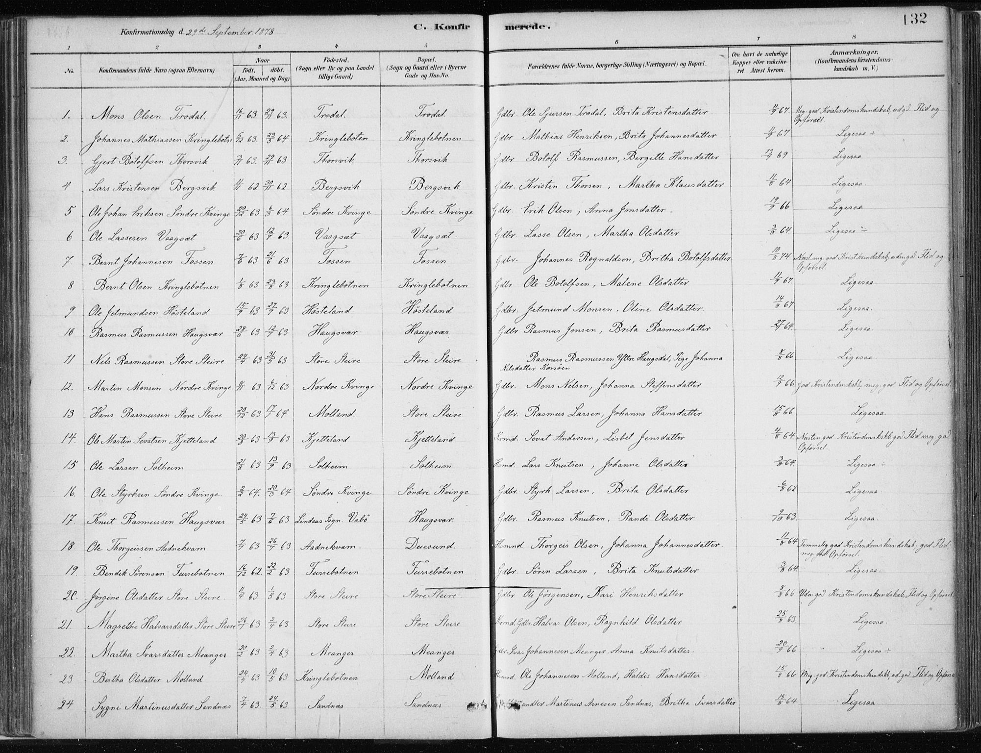 Masfjorden Sokneprestembete, SAB/A-77001: Parish register (official) no. B  1, 1876-1899, p. 132