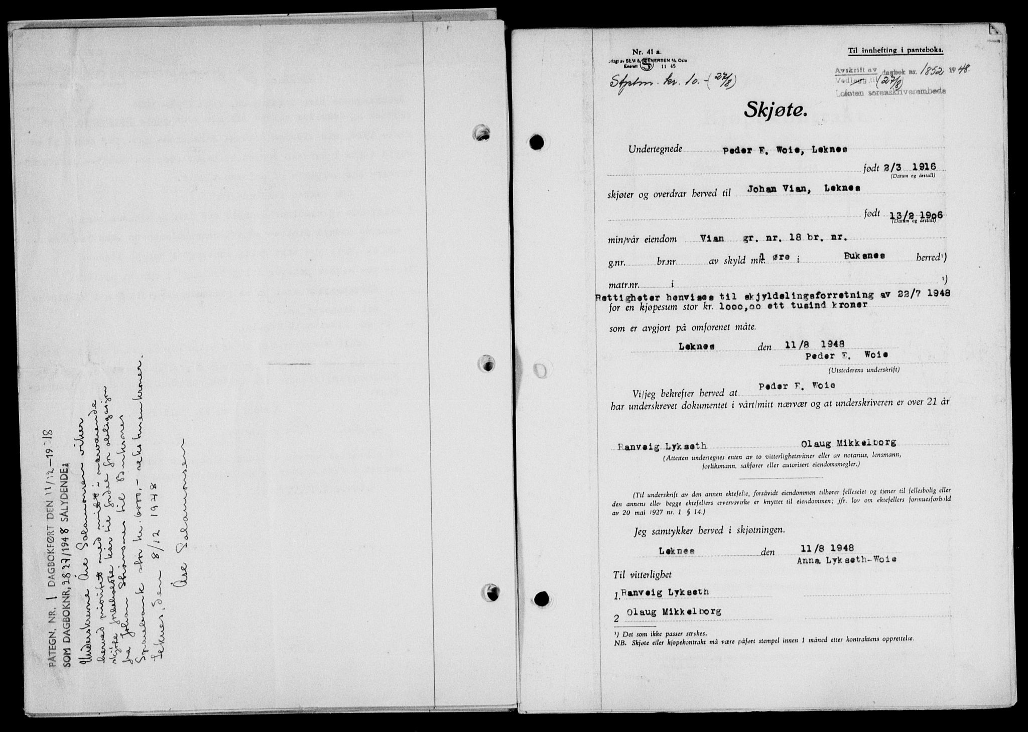Lofoten sorenskriveri, SAT/A-0017/1/2/2C/L0019a: Mortgage book no. 19a, 1948-1948, Diary no: : 1852/1948