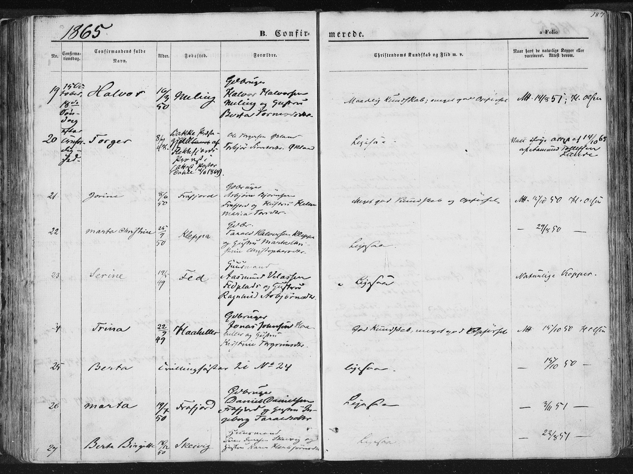 Høgsfjord sokneprestkontor, AV/SAST-A-101624/H/Ha/Haa/L0001: Parish register (official) no. A 1, 1854-1875, p. 187