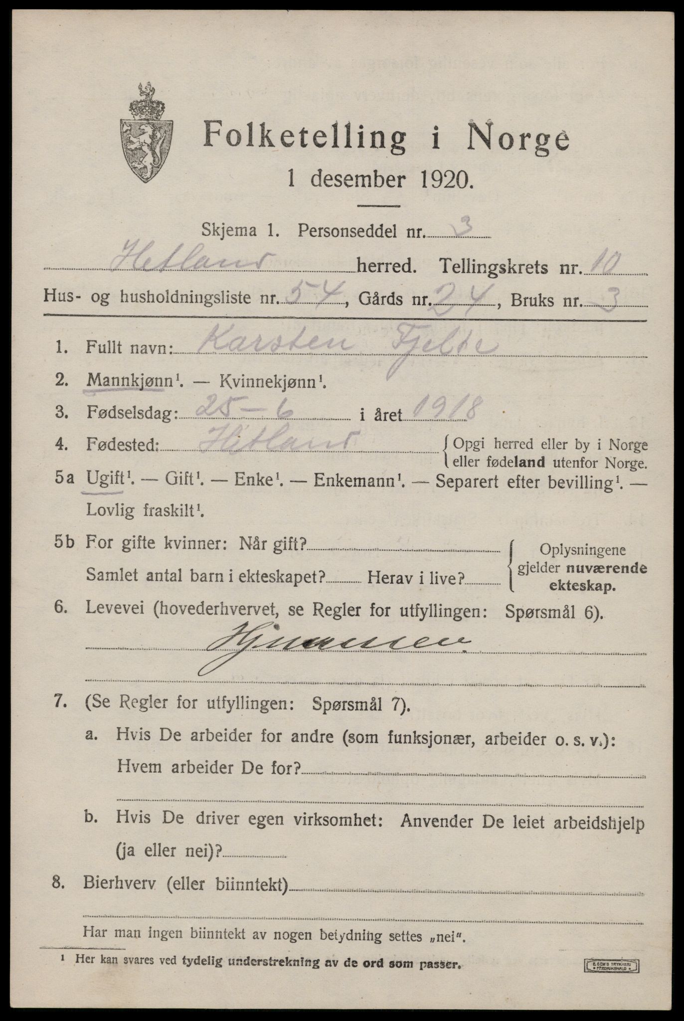 SAST, 1920 census for Hetland, 1920, p. 19683