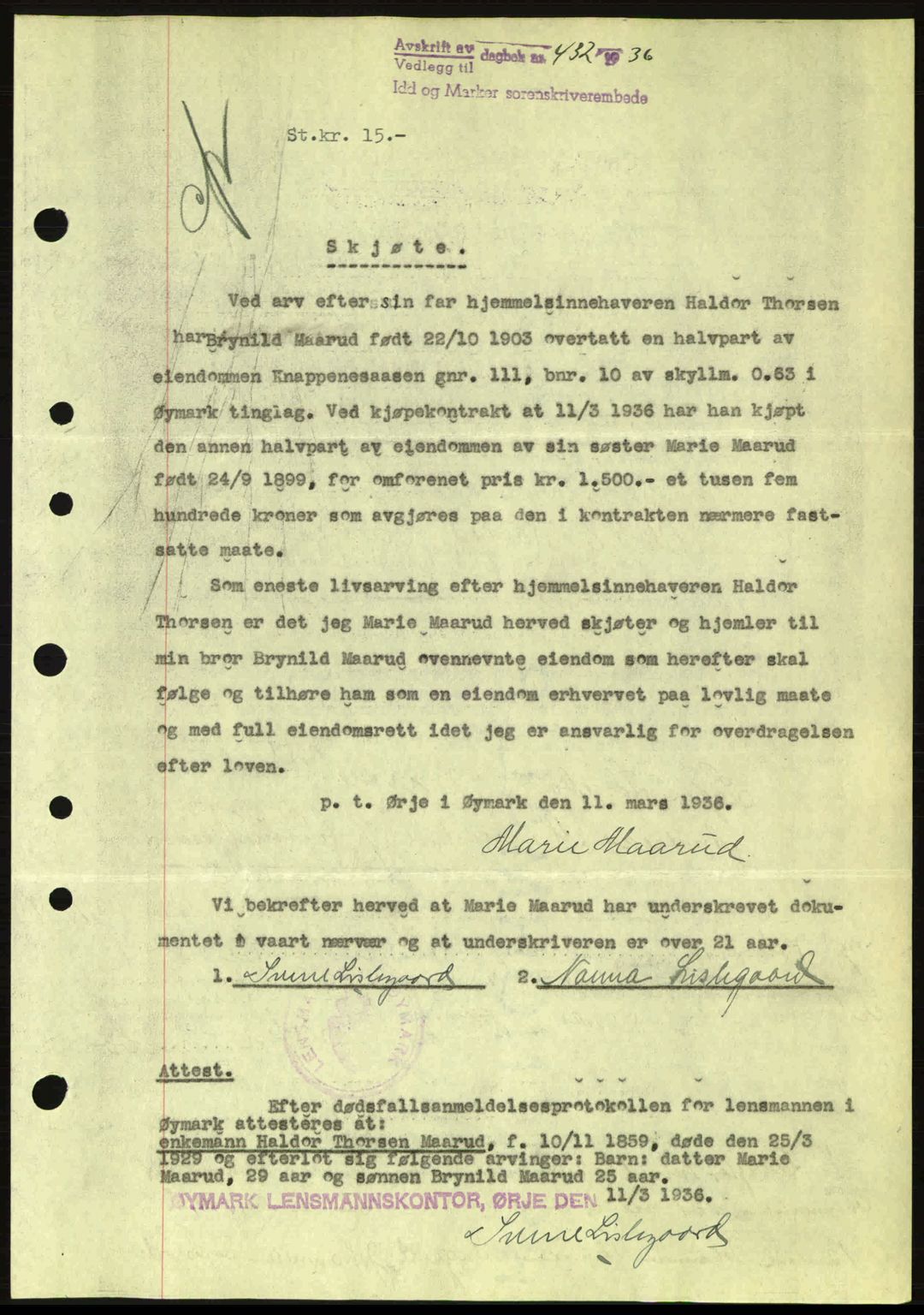 Idd og Marker sorenskriveri, AV/SAO-A-10283/G/Gb/Gbb/L0001: Mortgage book no. A1, 1936-1937, Diary no: : 432/1936