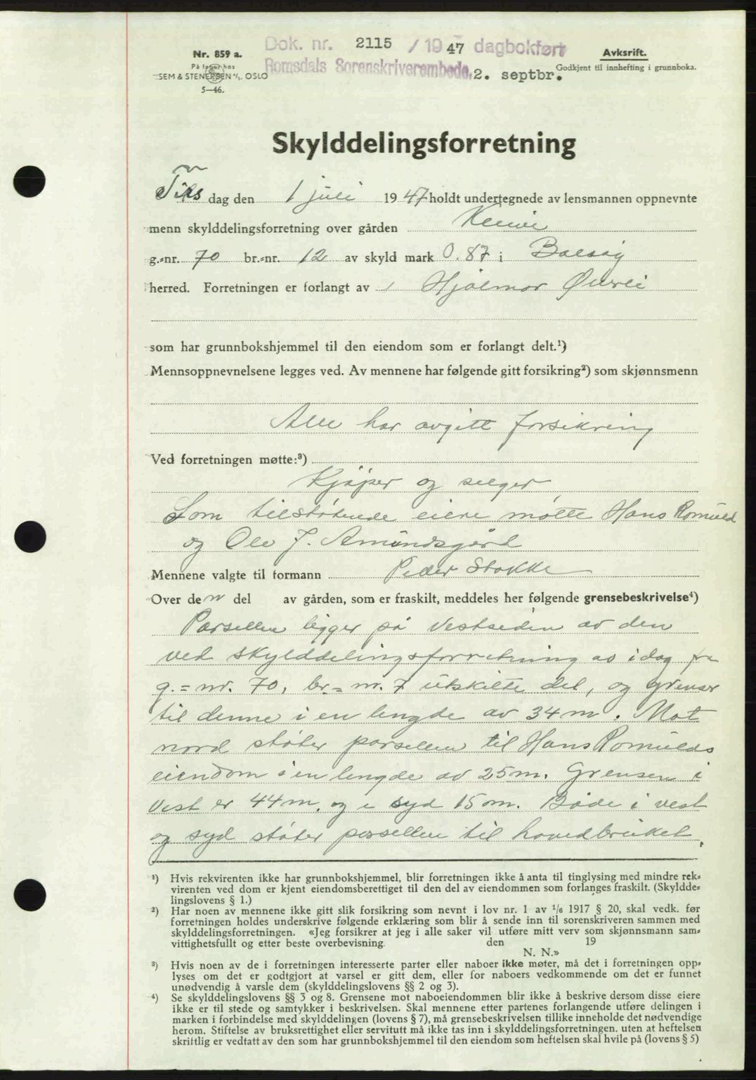 Romsdal sorenskriveri, AV/SAT-A-4149/1/2/2C: Mortgage book no. A23, 1947-1947, Diary no: : 2115/1947