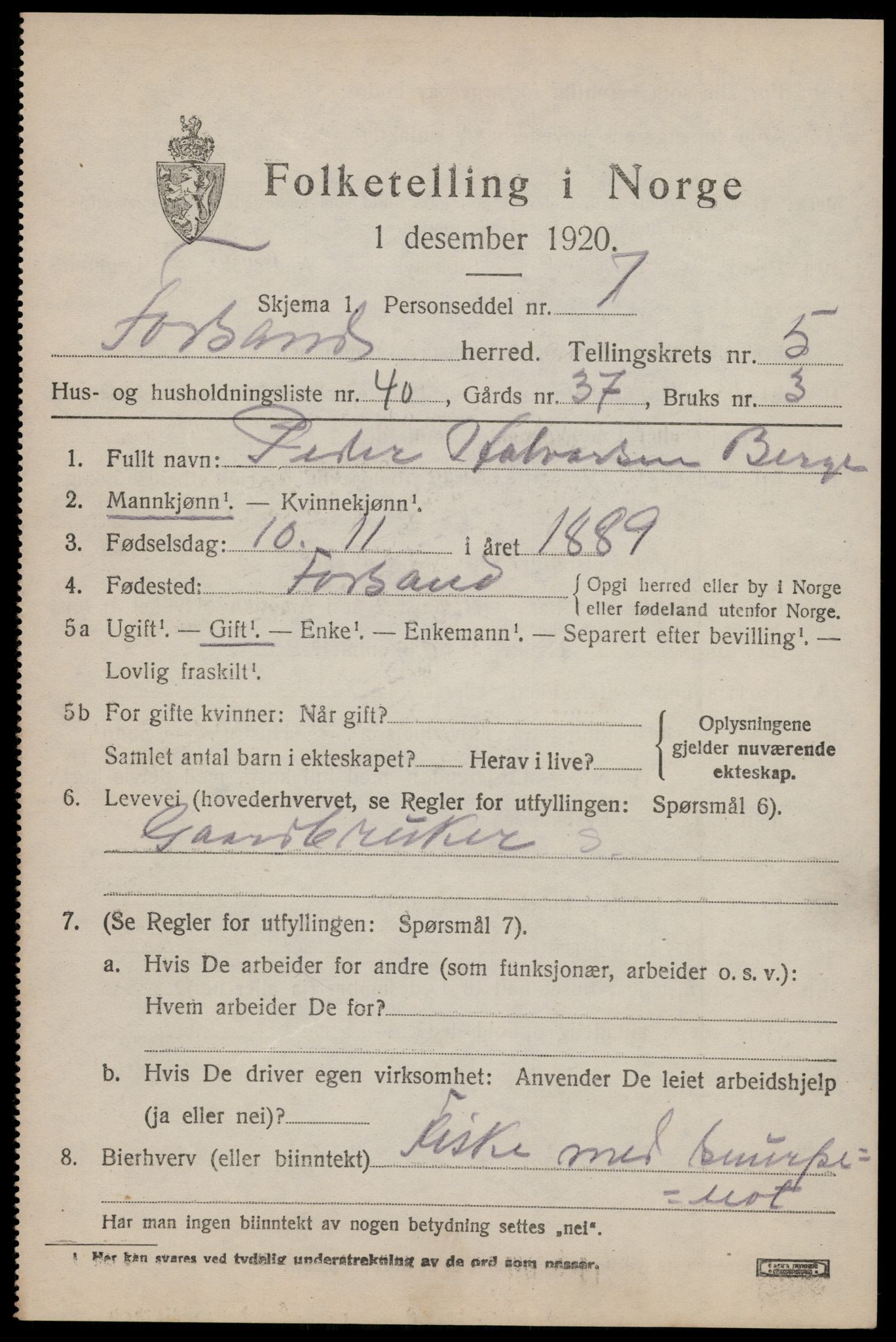 SAST, 1920 census for Forsand, 1920, p. 2173