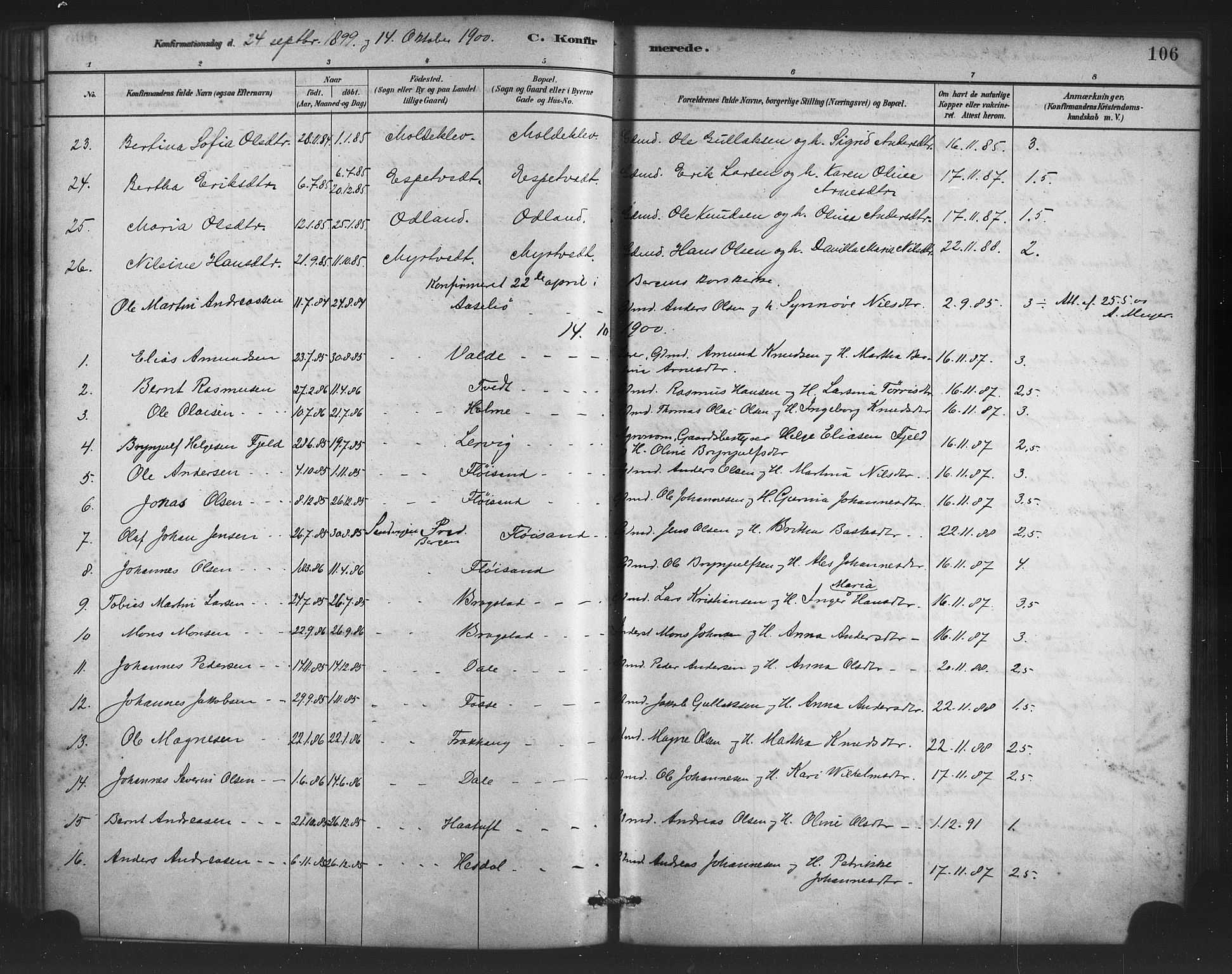 Alversund Sokneprestembete, SAB/A-73901/H/Ha/Haa/Haac/L0001: Parish register (official) no. C 1, 1882-1900, p. 106