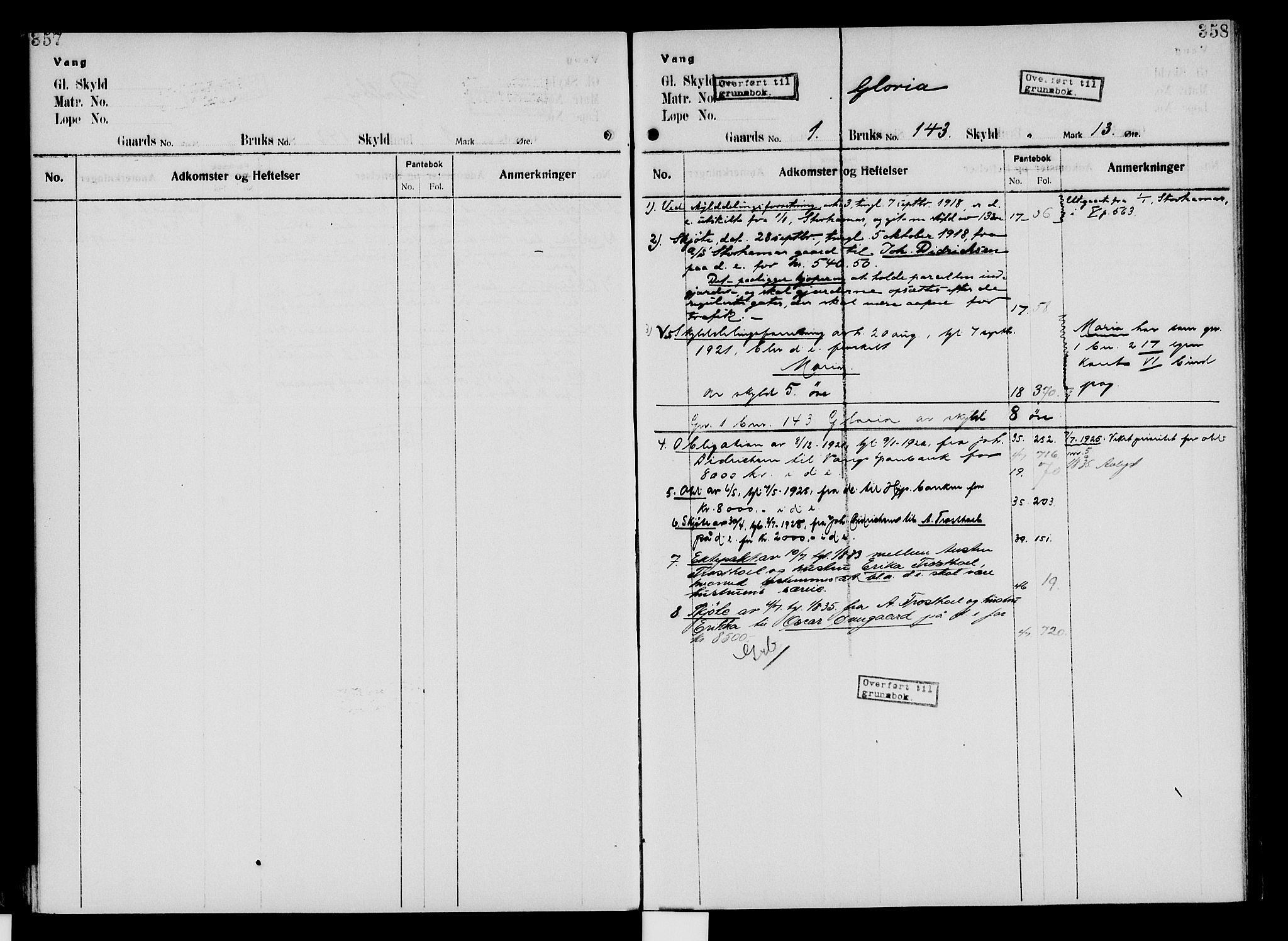 Nord-Hedmark sorenskriveri, SAH/TING-012/H/Ha/Had/Hade/L0005: Mortgage register no. 4.5, 1916-1940, p. 357-358