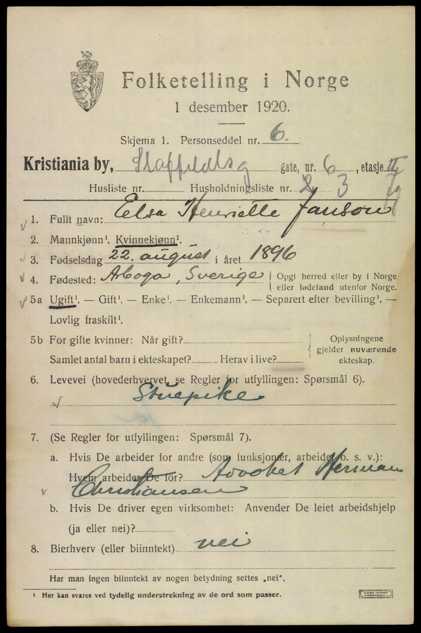 SAO, 1920 census for Kristiania, 1920, p. 536183