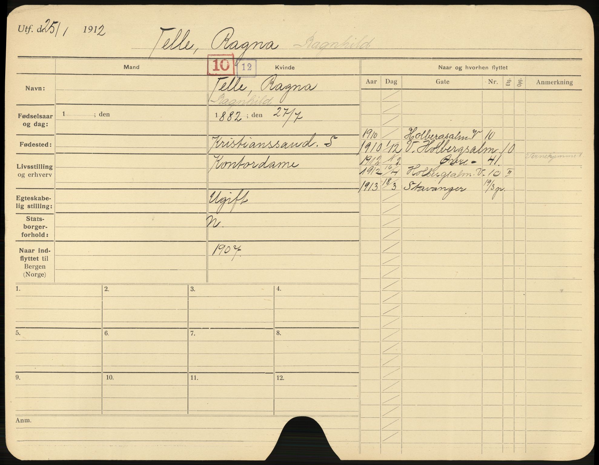 Bergen folkeregister, AV/SAB-A-17201/I/Ia/L0031: Utflyttet 1912 - 1920, Telle - Tuv, 1912-1920