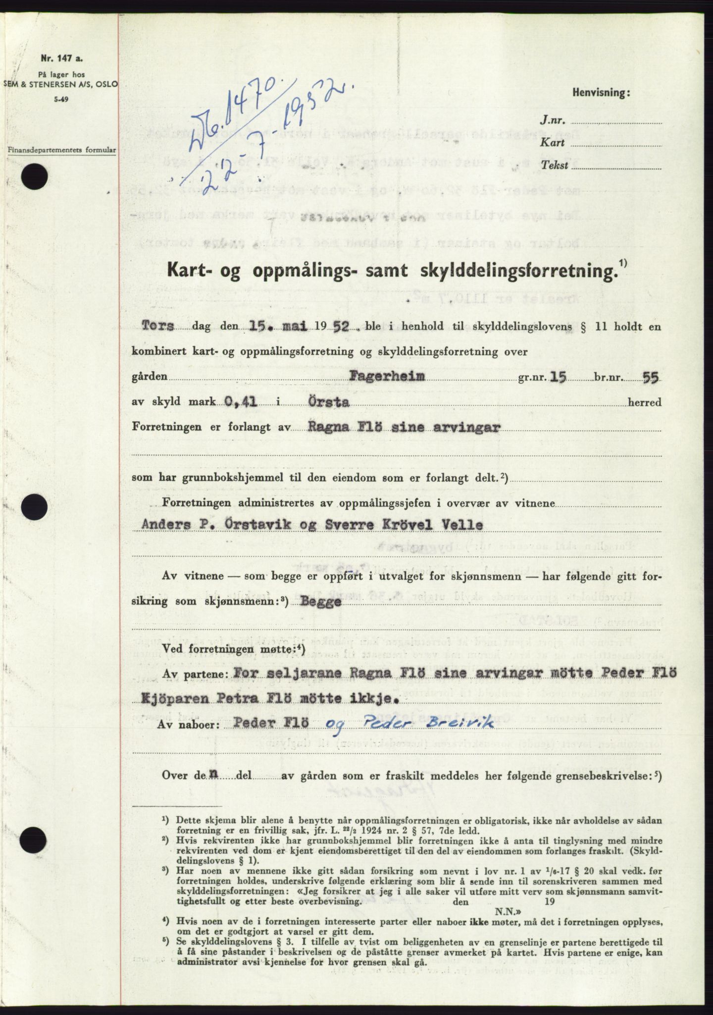 Søre Sunnmøre sorenskriveri, AV/SAT-A-4122/1/2/2C/L0092: Mortgage book no. 18A, 1952-1952, Diary no: : 1470/1952