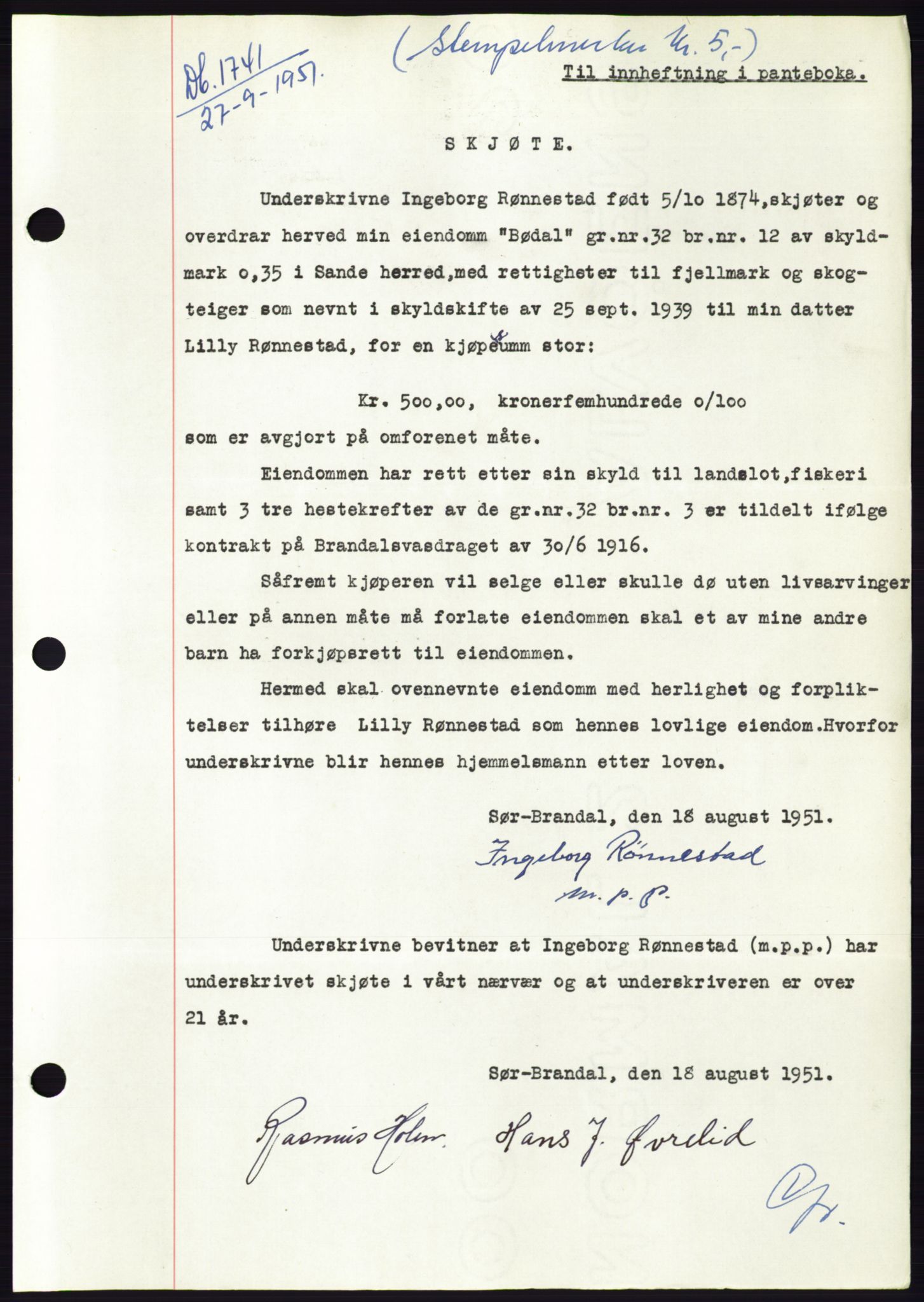 Søre Sunnmøre sorenskriveri, AV/SAT-A-4122/1/2/2C/L0090: Mortgage book no. 16A, 1951-1951, Diary no: : 1741/1951