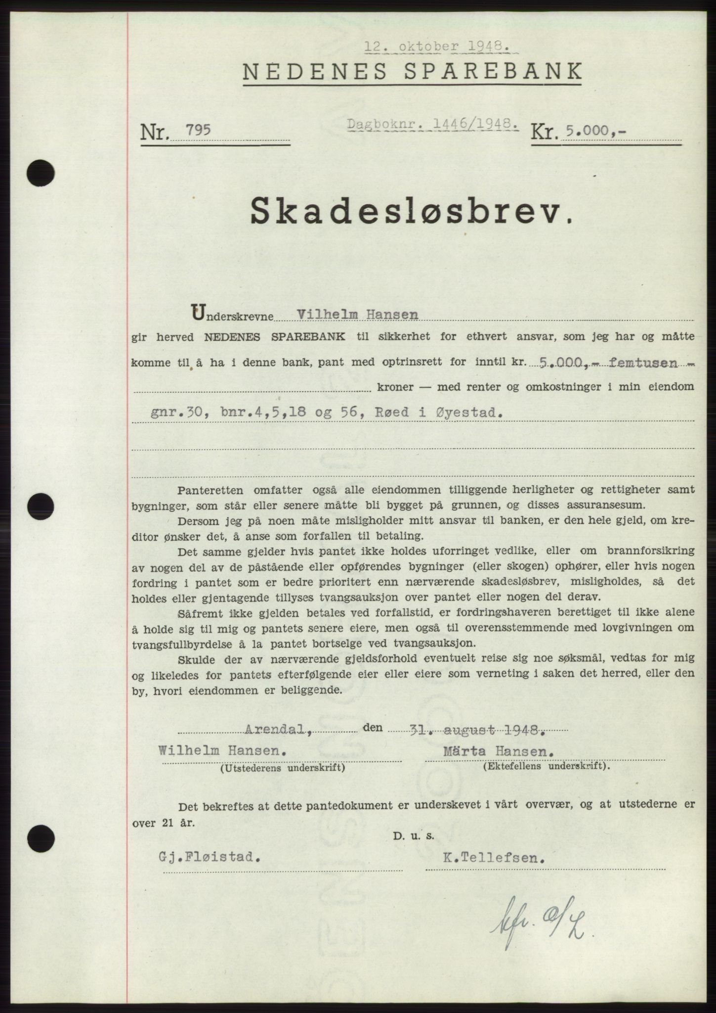 Nedenes sorenskriveri, AV/SAK-1221-0006/G/Gb/Gbb/L0005: Mortgage book no. B5, 1948-1948, Diary no: : 1446/1948