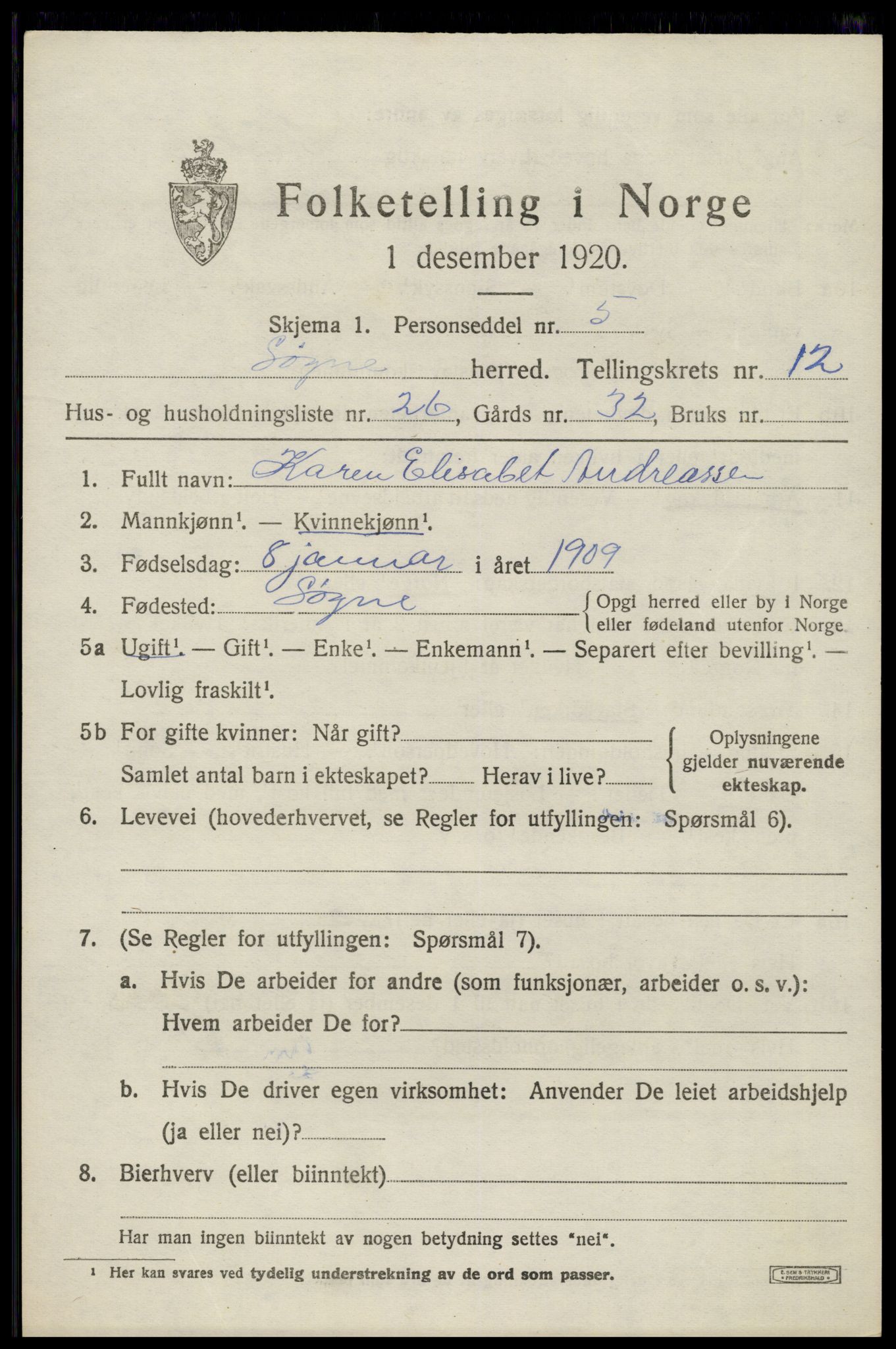 SAK, 1920 census for Søgne, 1920, p. 6185