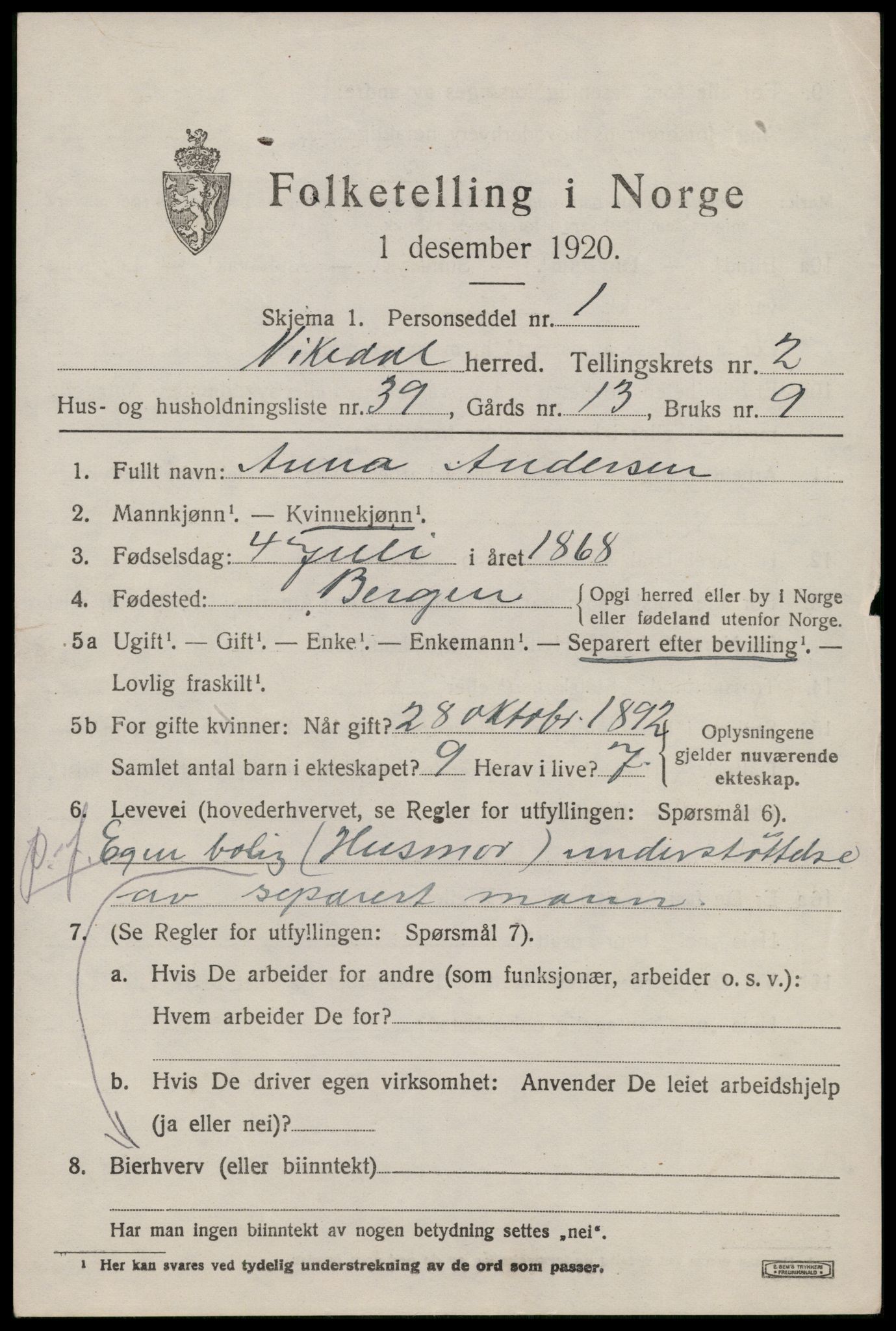 SAST, 1920 census for Vikedal, 1920, p. 1709