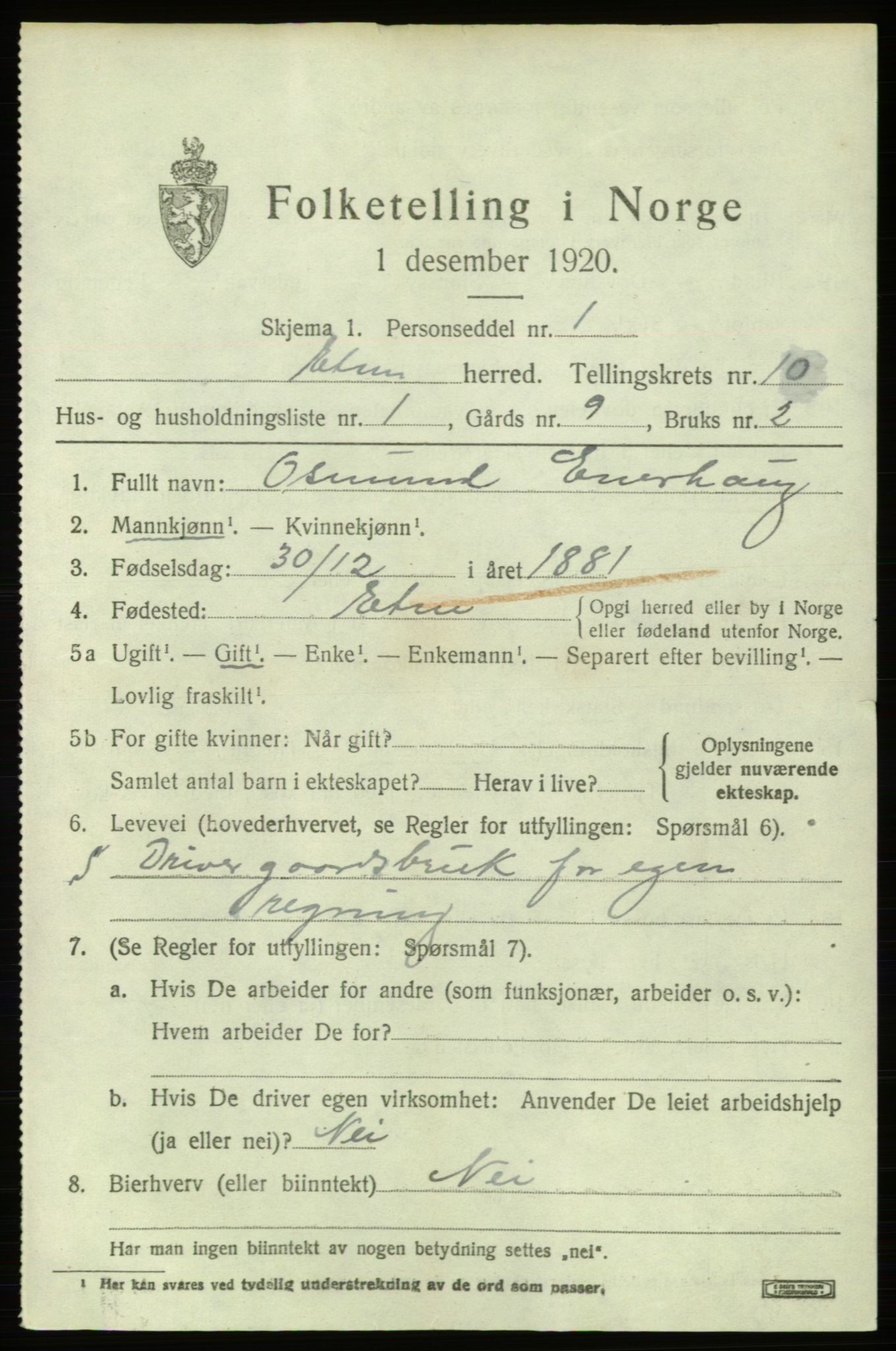 SAB, 1920 census for Etne, 1920, p. 4115