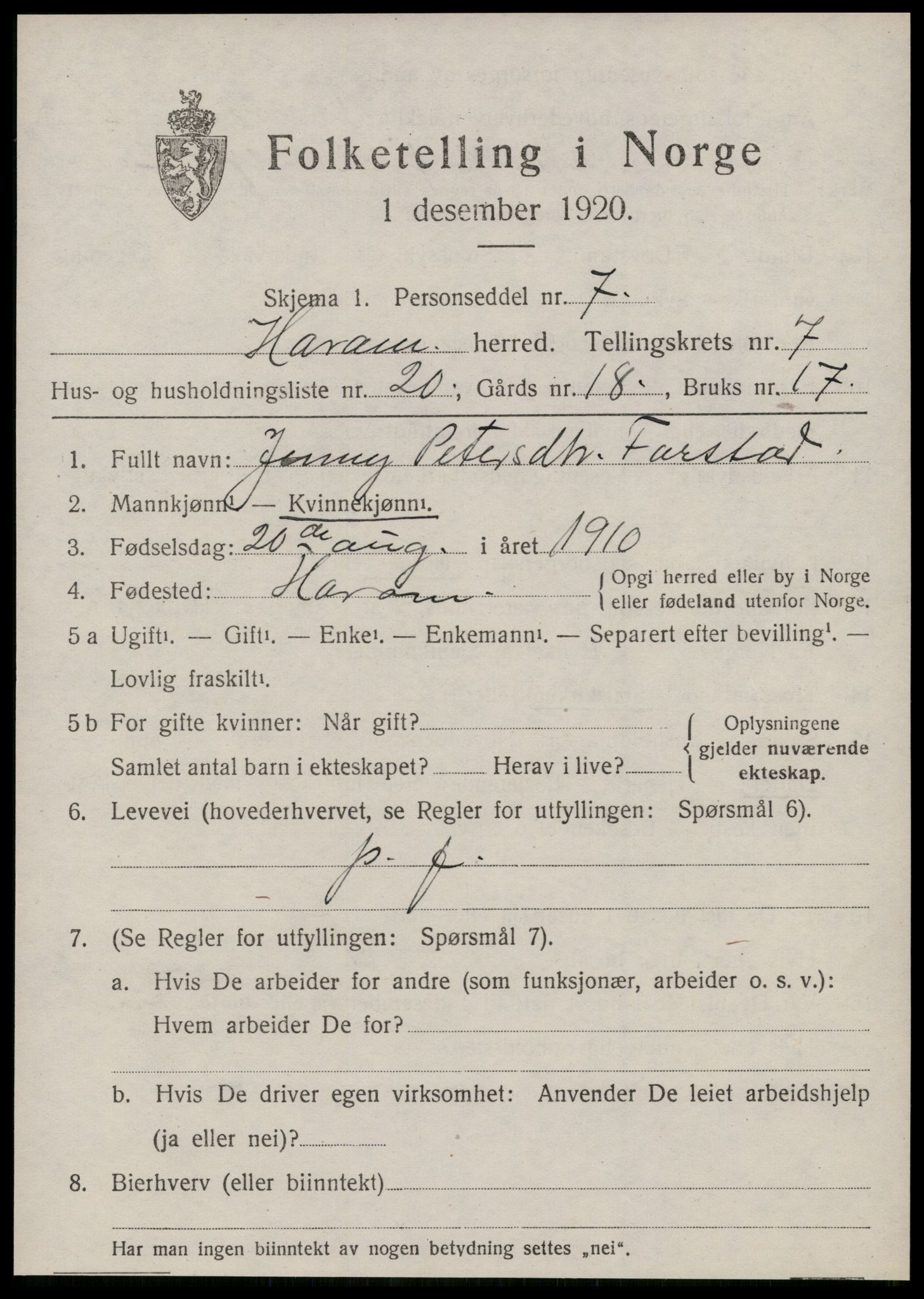 SAT, 1920 census for Haram, 1920, p. 4055