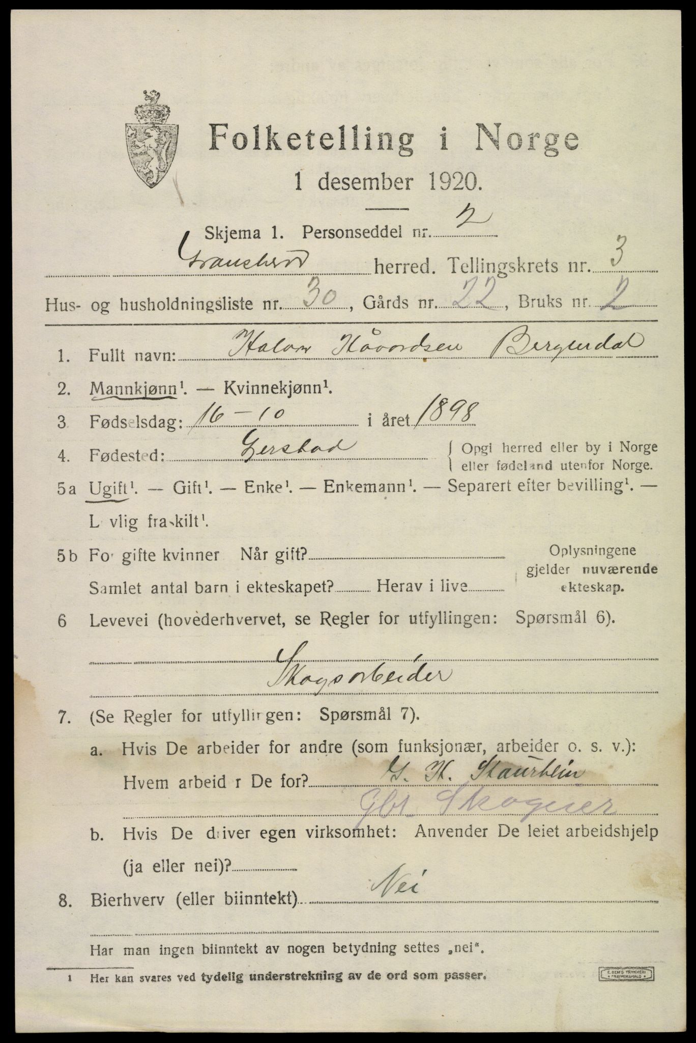 SAKO, 1920 census for Gransherad, 1920, p. 1758