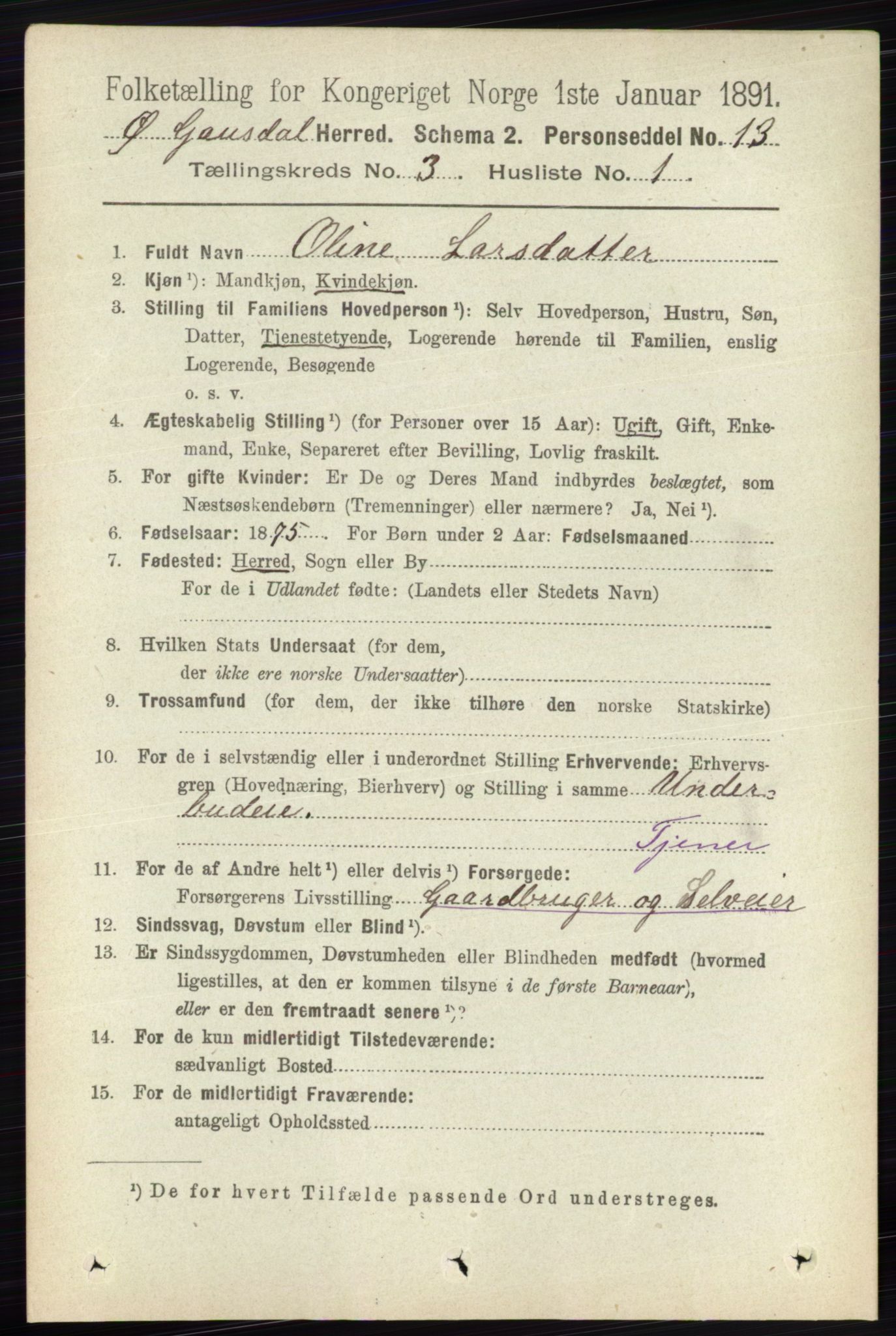 RA, 1891 census for 0522 Østre Gausdal, 1891, p. 1716