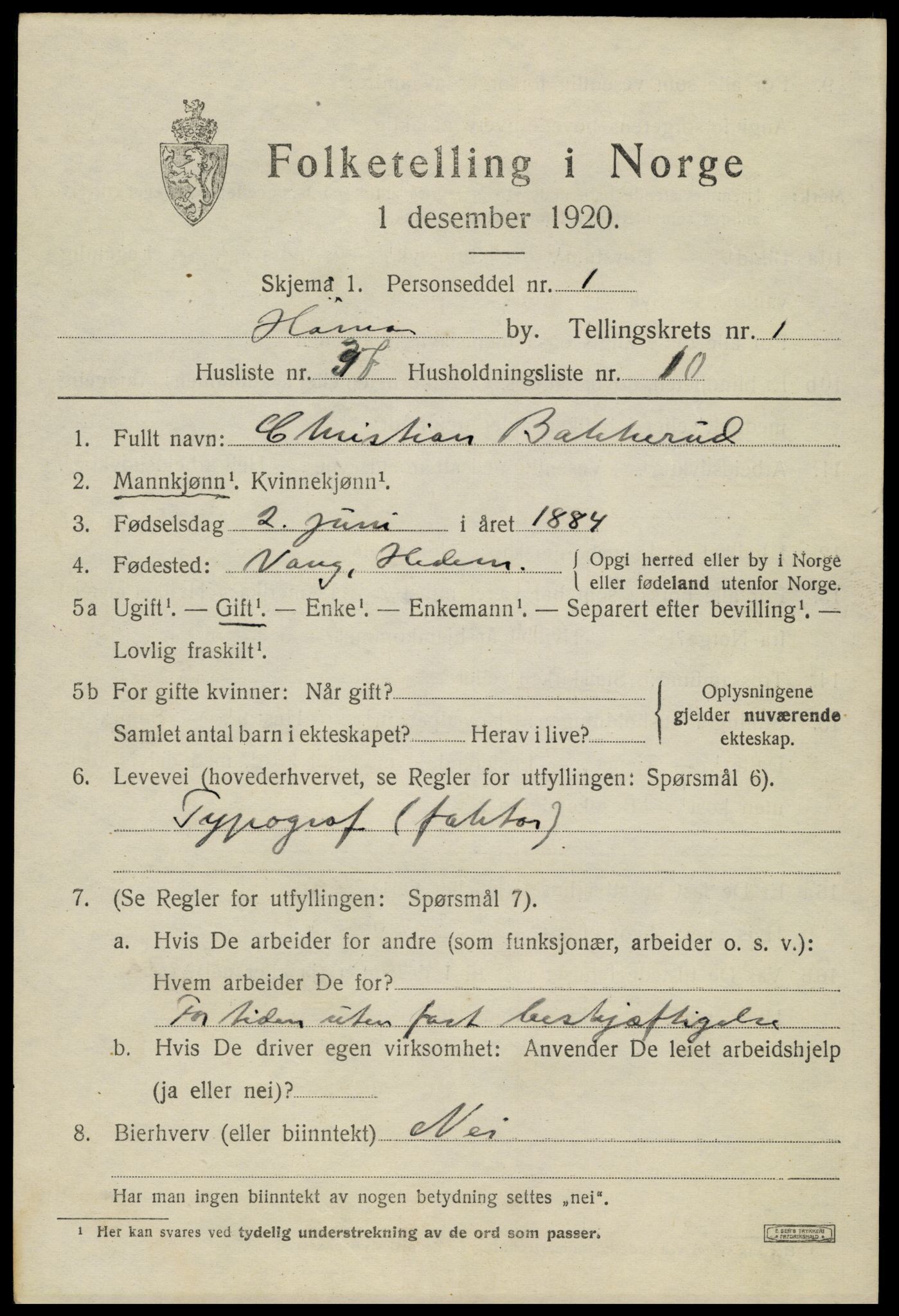 SAH, 1920 census for Hamar, 1920, p. 5135