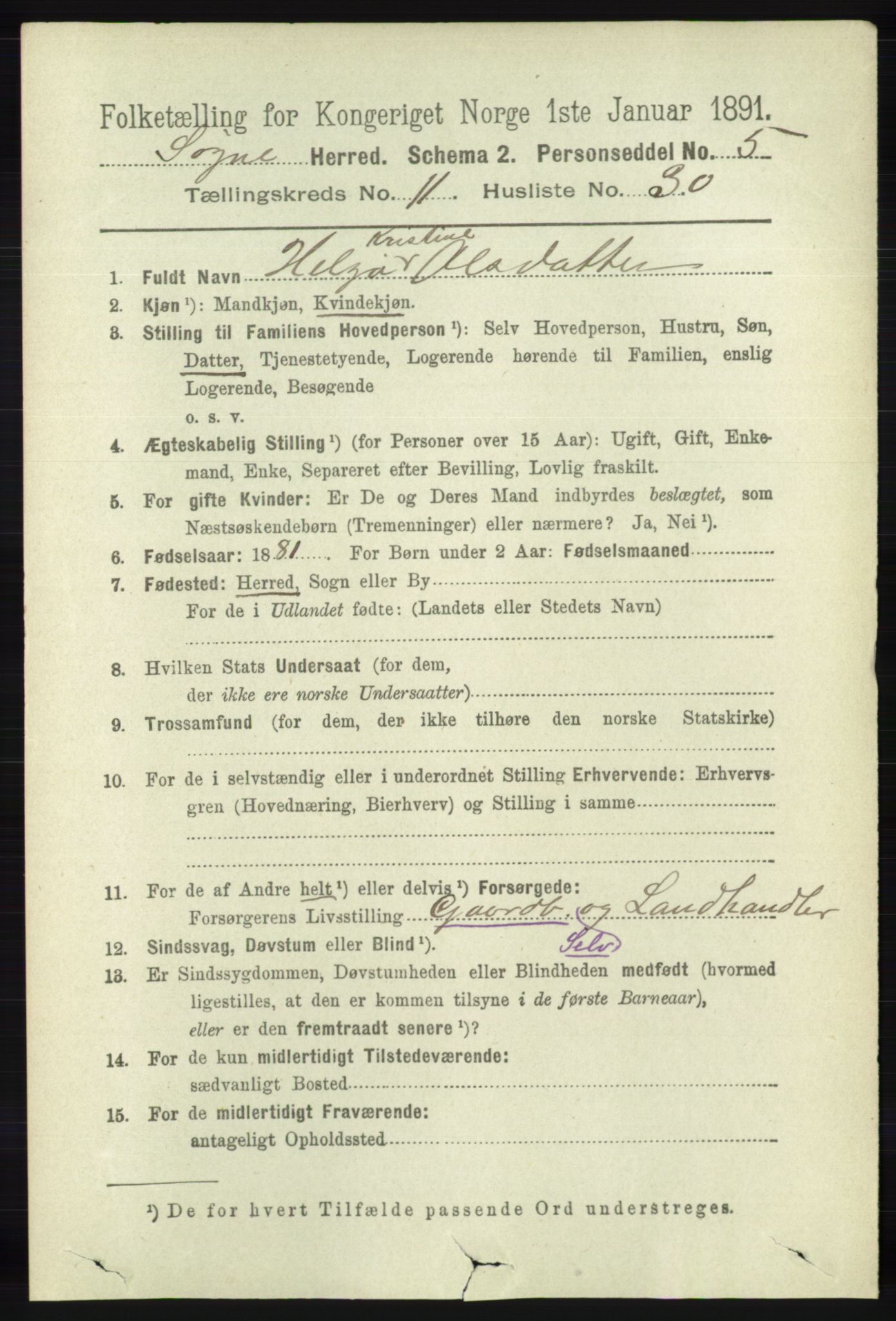 RA, 1891 census for 1018 Søgne, 1891, p. 3098