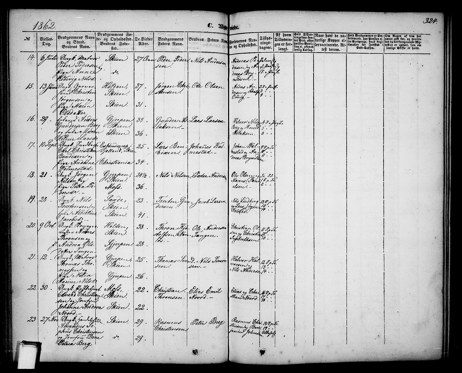 Skien kirkebøker, SAKO/A-302/G/Ga/L0004: Parish register (copy) no. 4, 1843-1867, p. 324