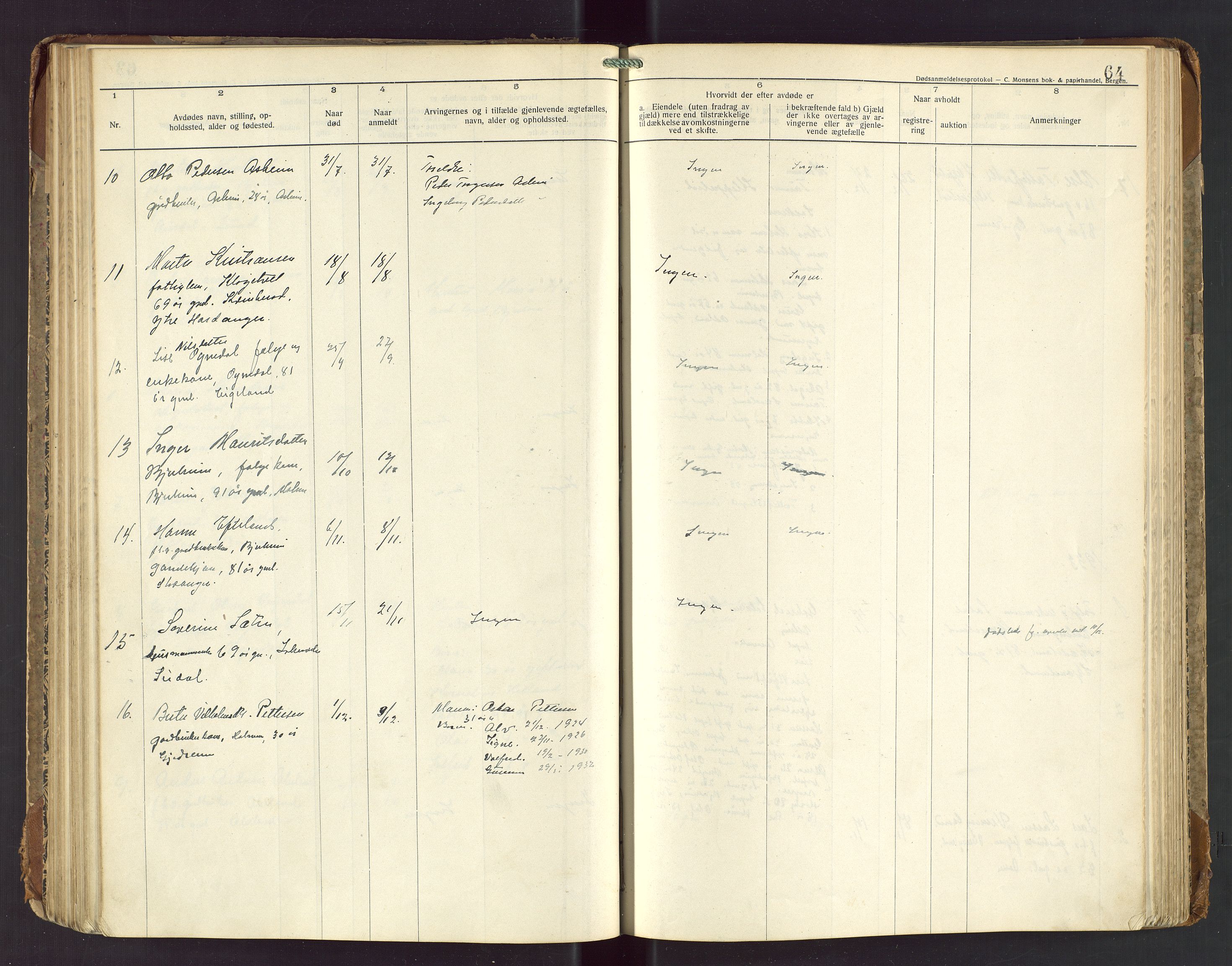 Bjerkreim lensmannskontor, AV/SAST-A-100090/Gga/L0002: "Dødsanmeldelsesprotokoll", 1916-1954, p. 64