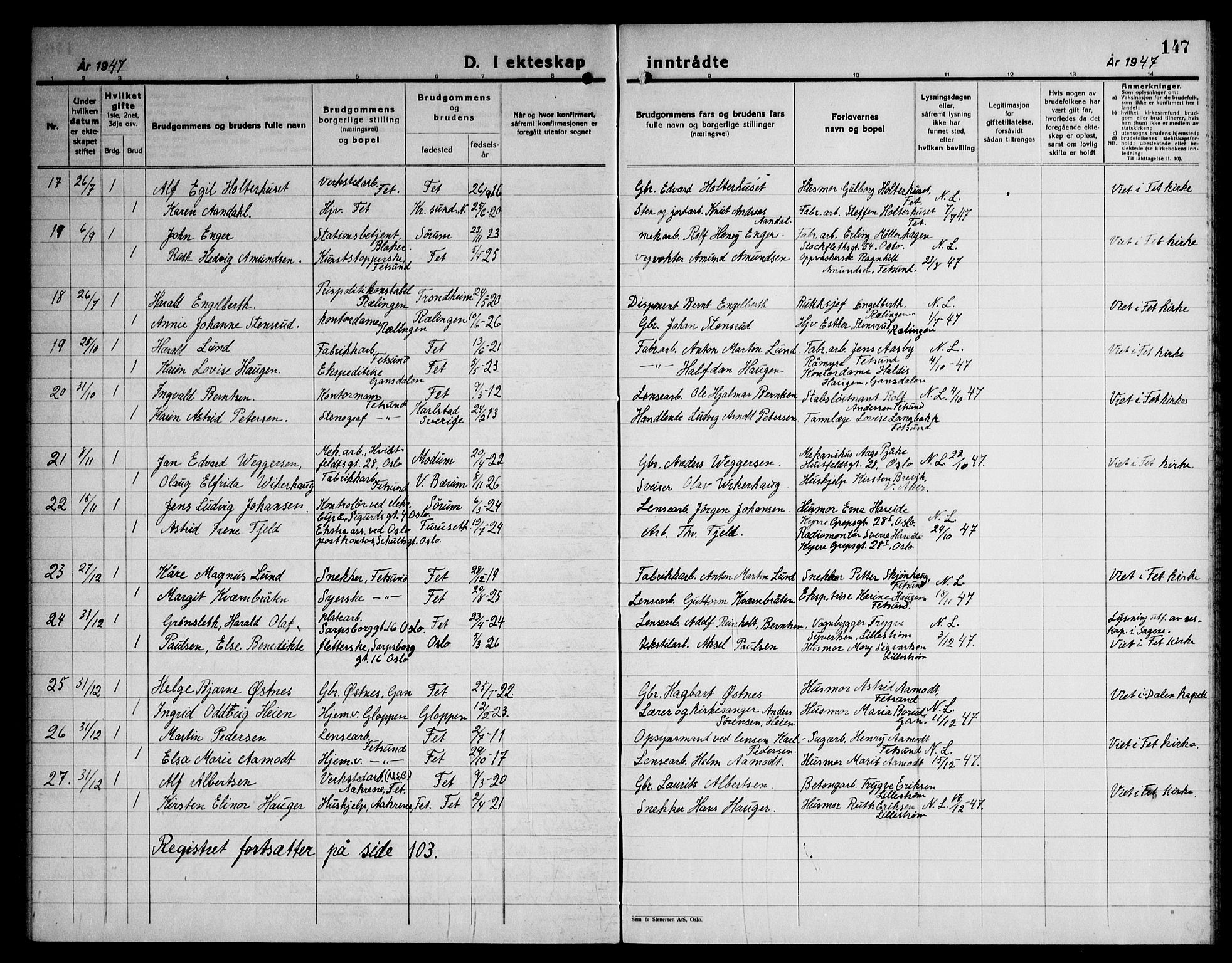 Fet prestekontor Kirkebøker, AV/SAO-A-10370a/G/Ga/L0010: Parish register (copy) no. I 10, 1935-1951, p. 147