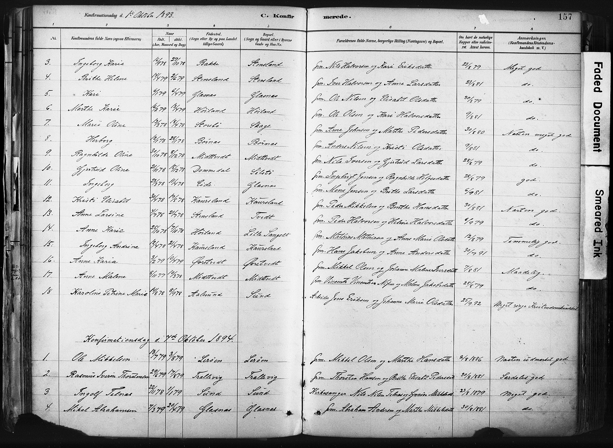 Sund sokneprestembete, SAB/A-99930: Parish register (official) no. B 1, 1882-1907, p. 157