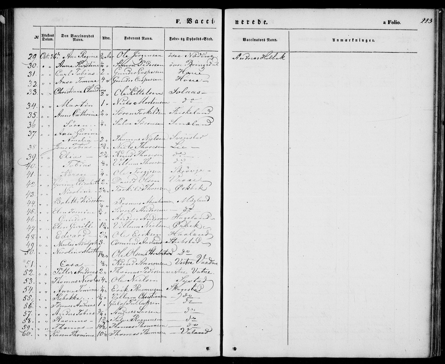 Holum sokneprestkontor, AV/SAK-1111-0022/F/Fa/Faa/L0005: Parish register (official) no. A 5, 1850-1864, p. 223