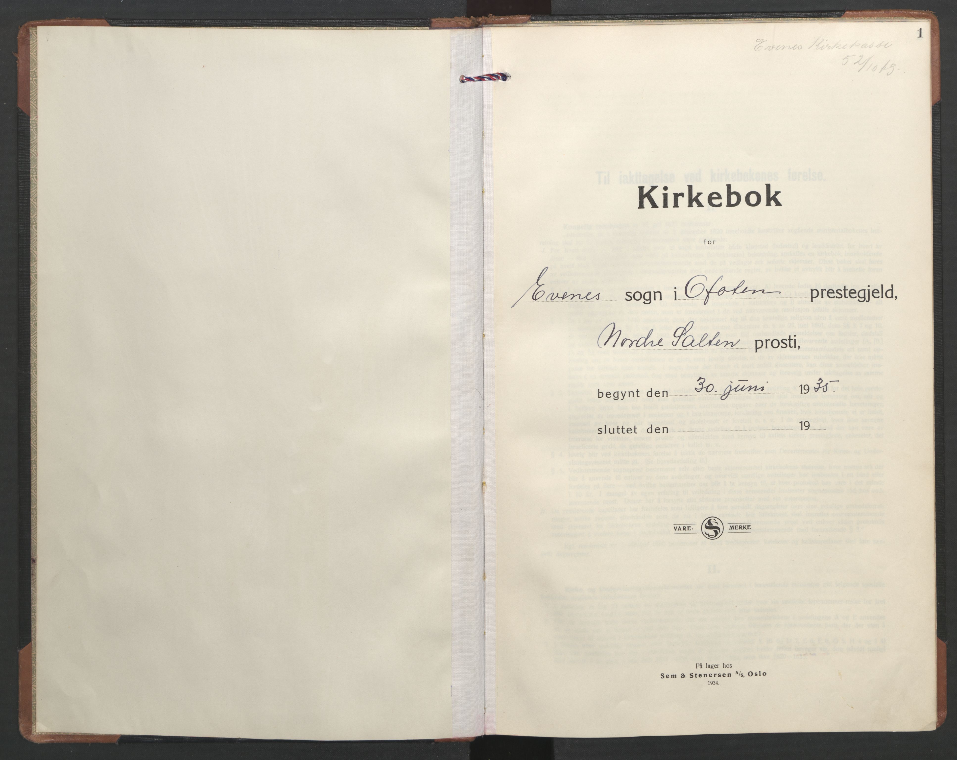 Ministerialprotokoller, klokkerbøker og fødselsregistre - Nordland, SAT/A-1459/863/L0906: Parish register (official) no. 863A18, 1935-1954, p. 1
