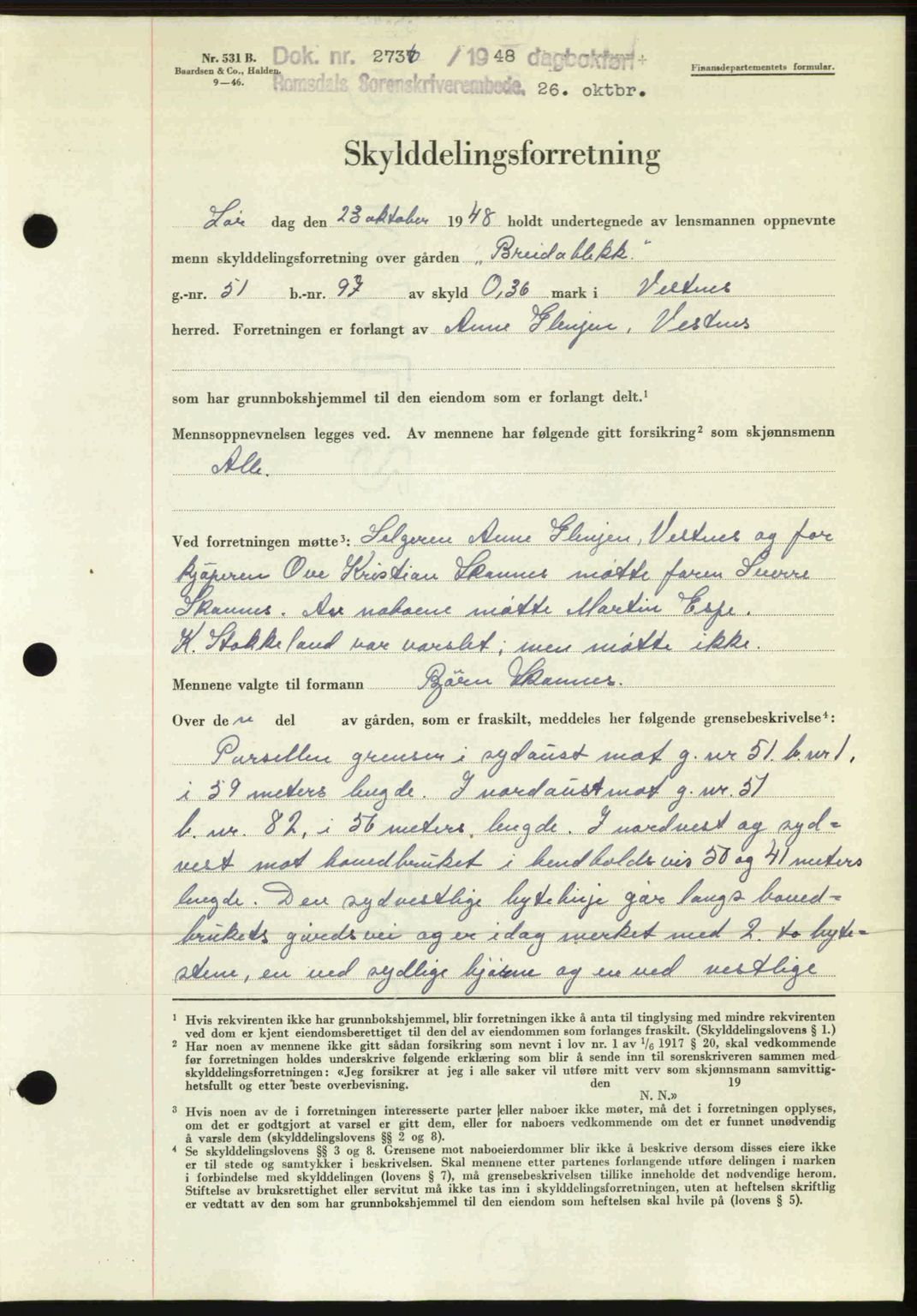 Romsdal sorenskriveri, AV/SAT-A-4149/1/2/2C: Mortgage book no. A27, 1948-1948, Diary no: : 2736/1948